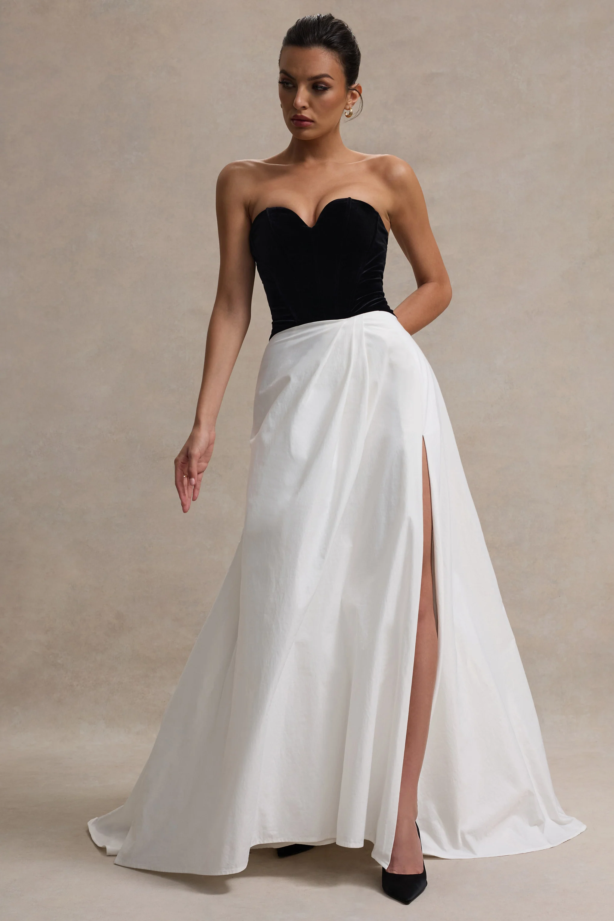 Lucienne | Black & Cream Sweetheart Corset Split Maxi Dress - Image 4