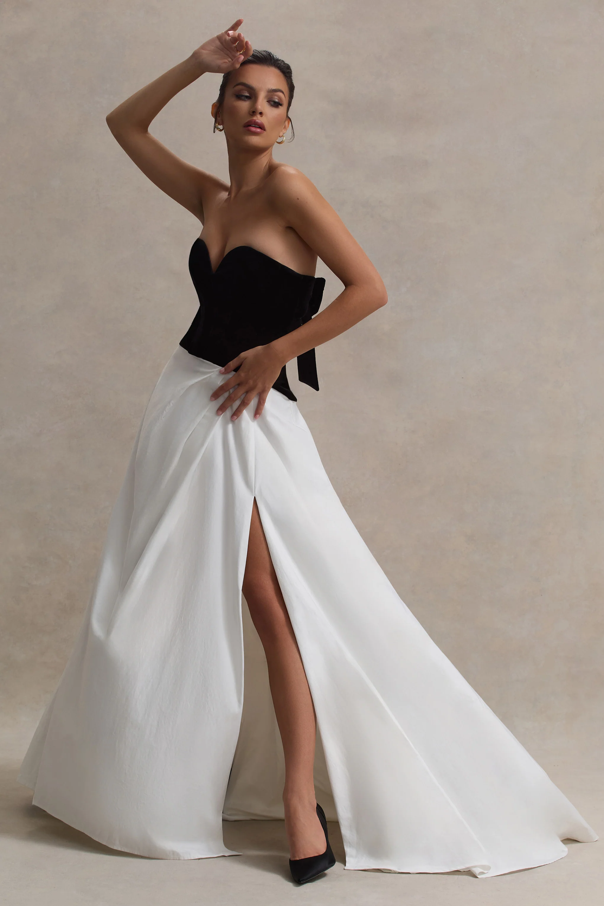 Lucienne | Black & Cream Sweetheart Corset Split Maxi Dress - Image 5