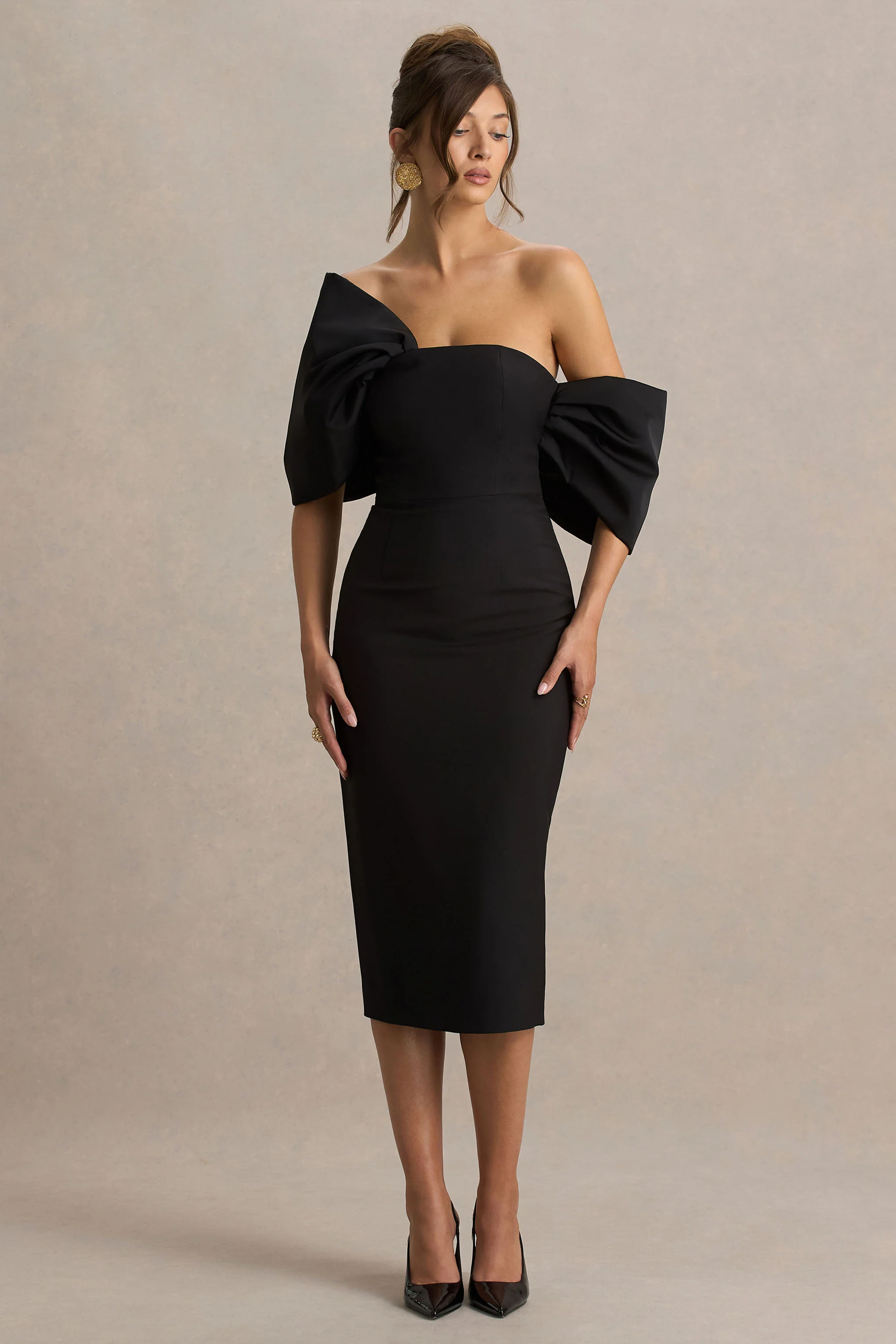 Lucille | Black Asymmetric Bardot Midi Dress With Bow Detail - Image 4