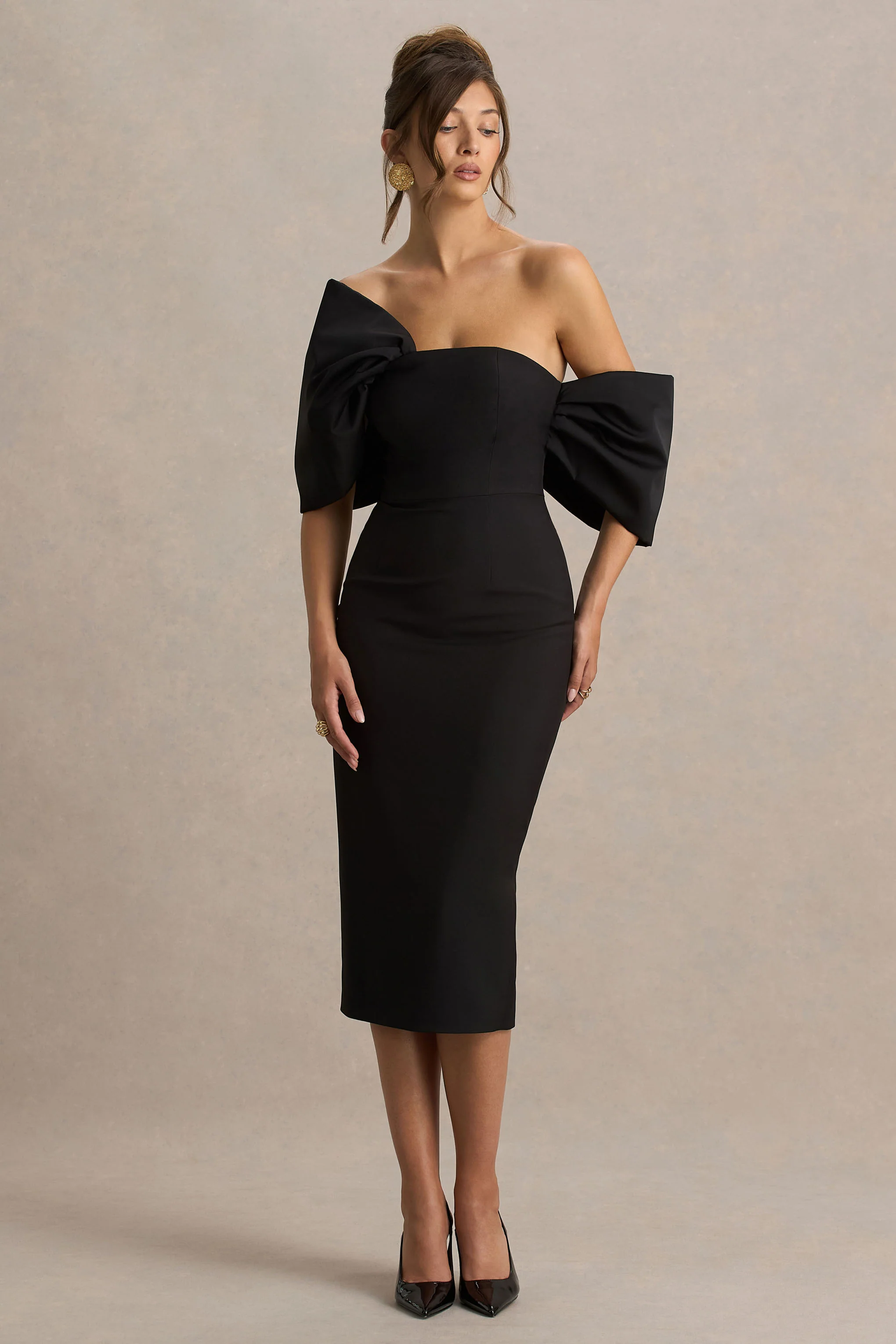 Lucille | Black Asymmetric Bardot Midi Dress With Bow Detail - Image 5