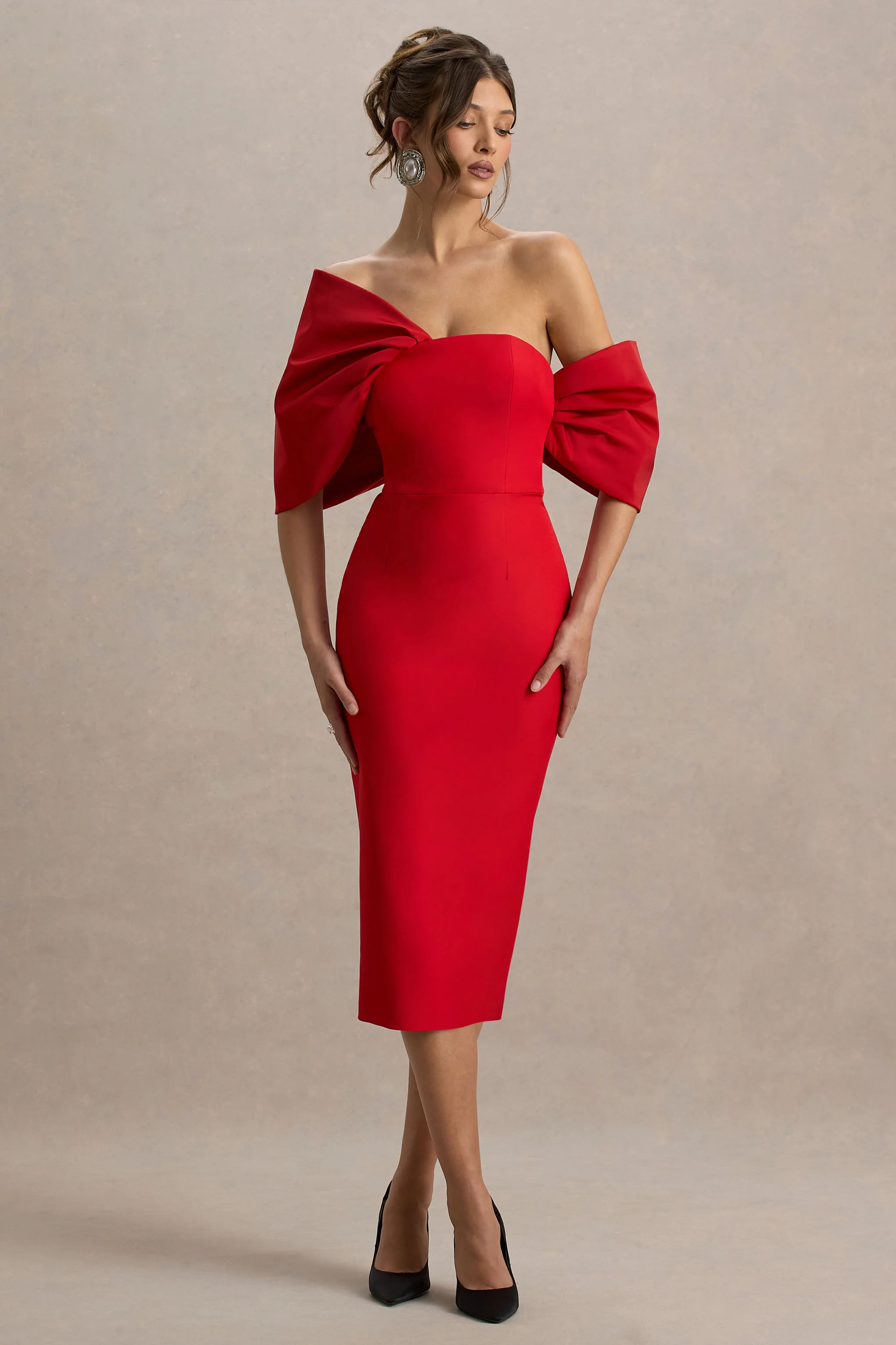 Lucille | Red Asymmetric Bardot Midi Dress With Bow Detail - Image 2