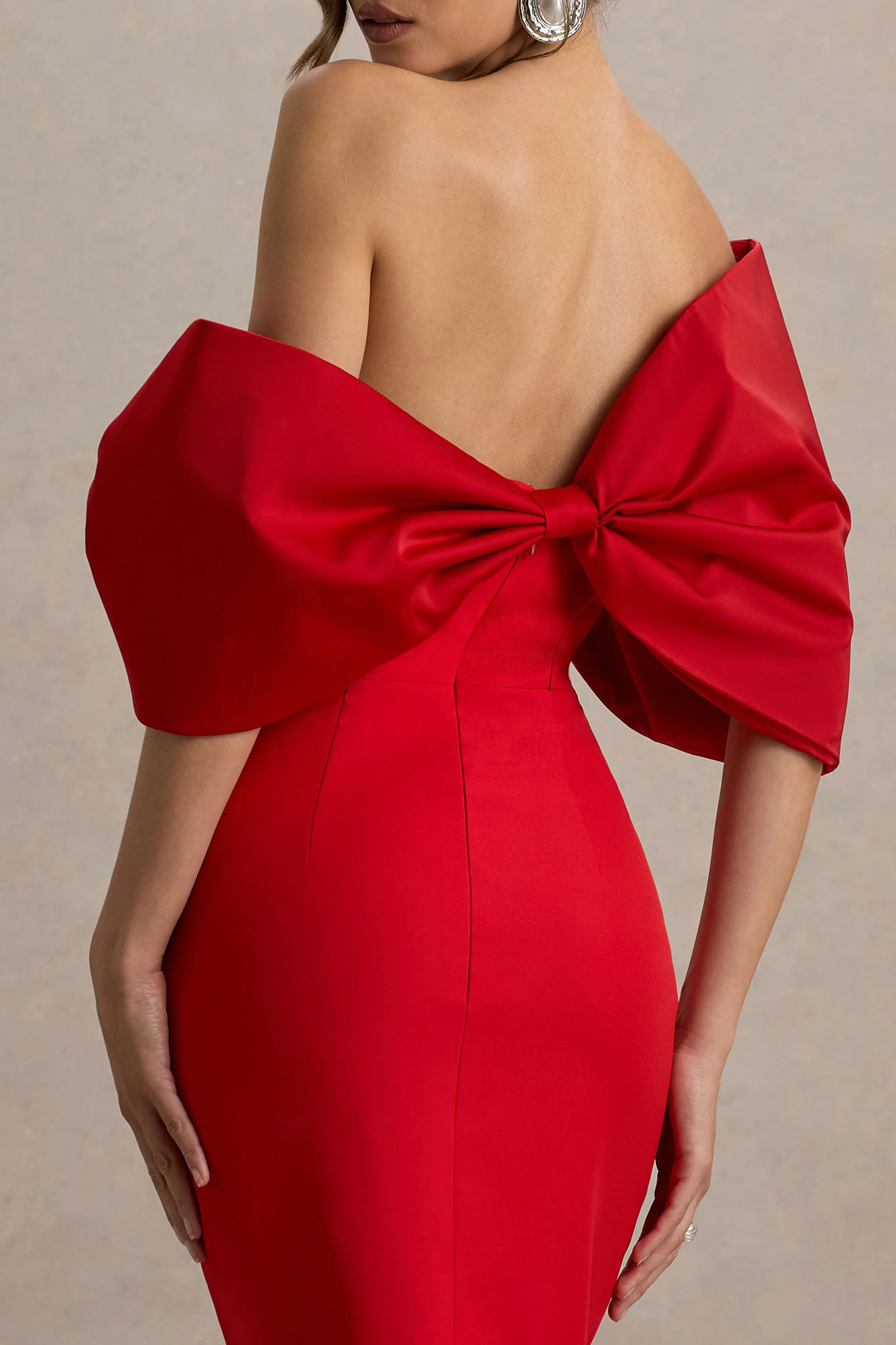 Lucille | Red Asymmetric Bardot Midi Dress With Bow Detail - Image 3