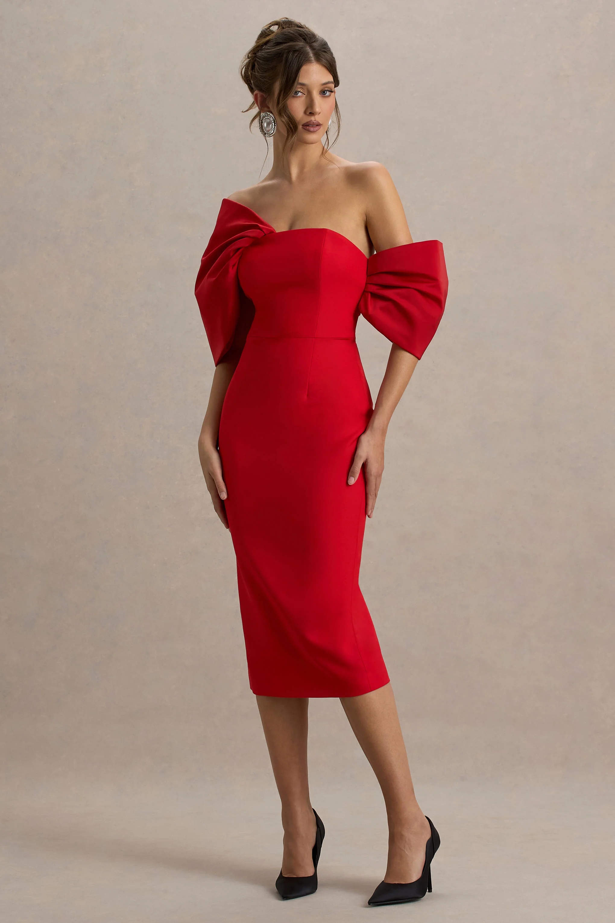 Lucille | Red Asymmetric Bardot Midi Dress With Bow Detail - Image 4