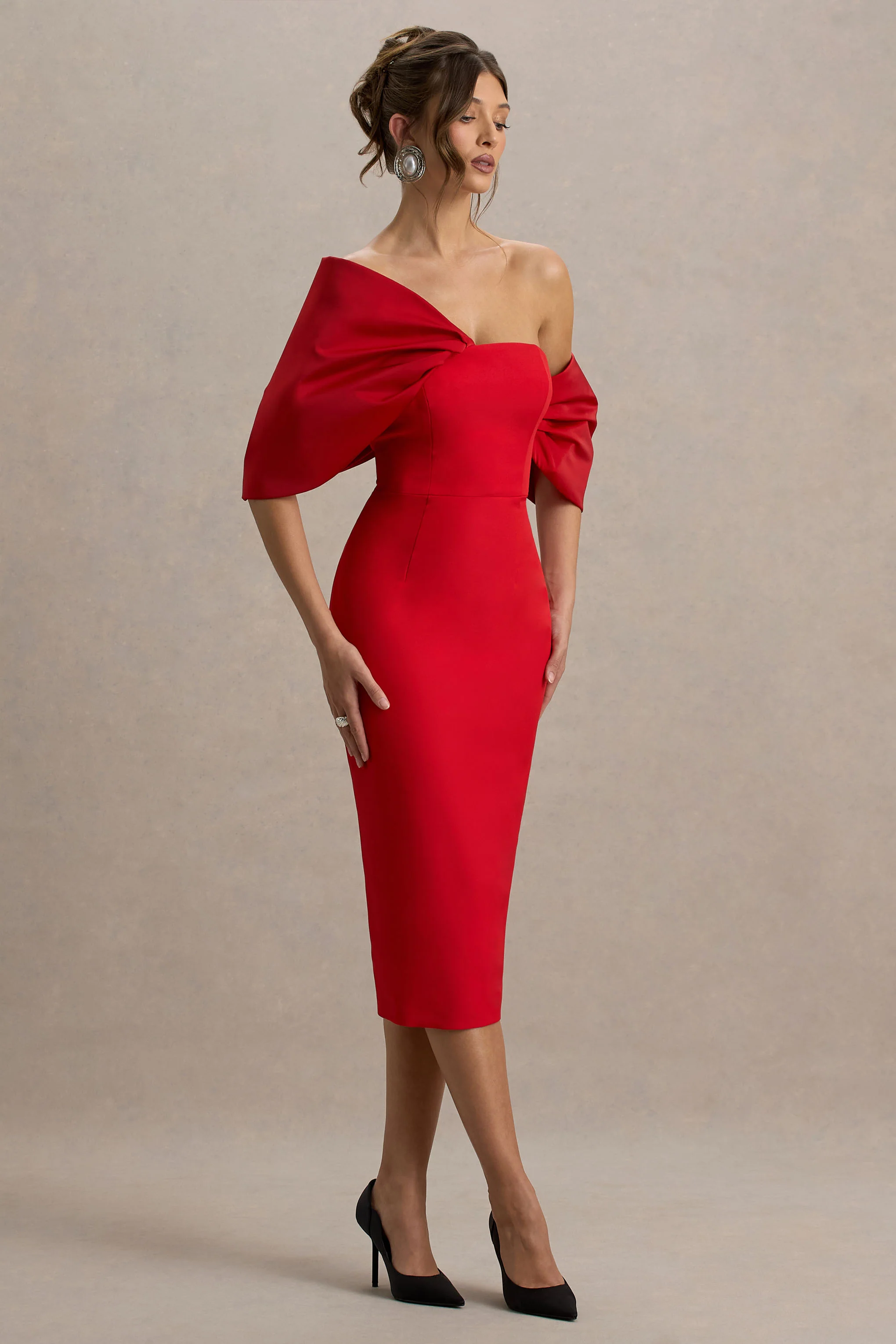 Lucille | Red Asymmetric Bardot Midi Dress With Bow Detail - Image 5