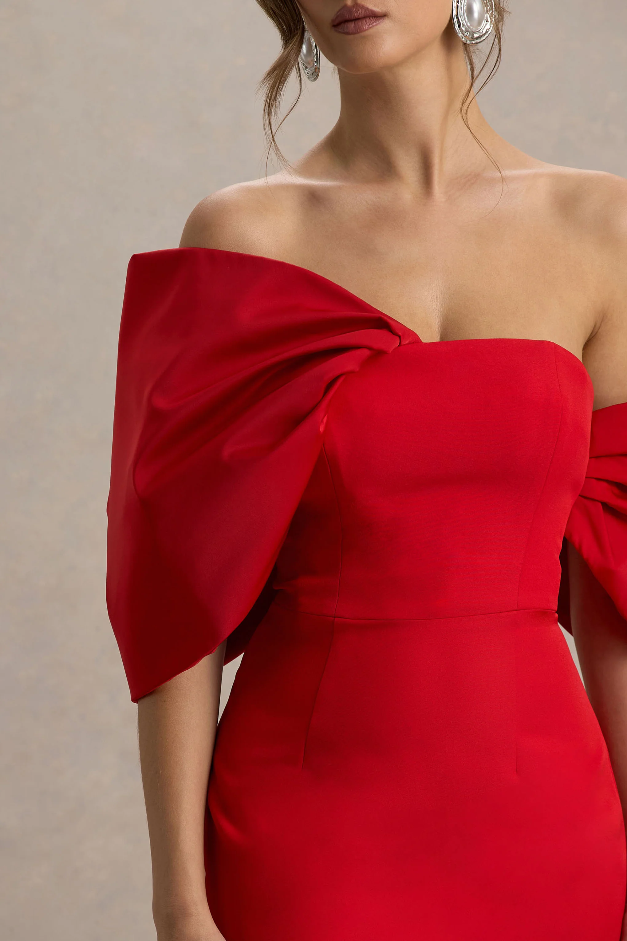 Lucille | Red Asymmetric Bardot Midi Dress With Bow Detail - Image 6