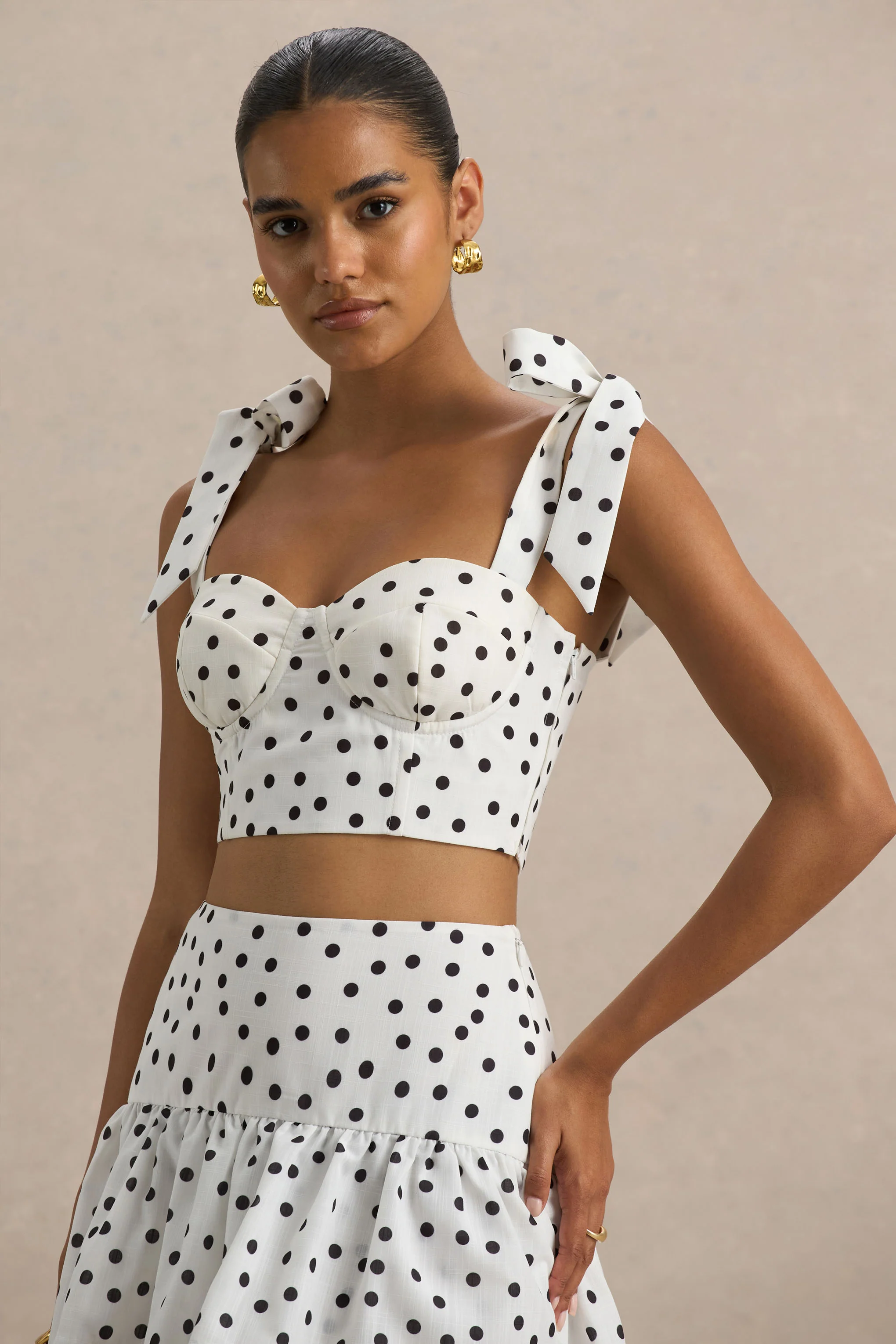 Lumen | White Polka Dot Corset Sweetheart Top With Bow Straps - Image 4