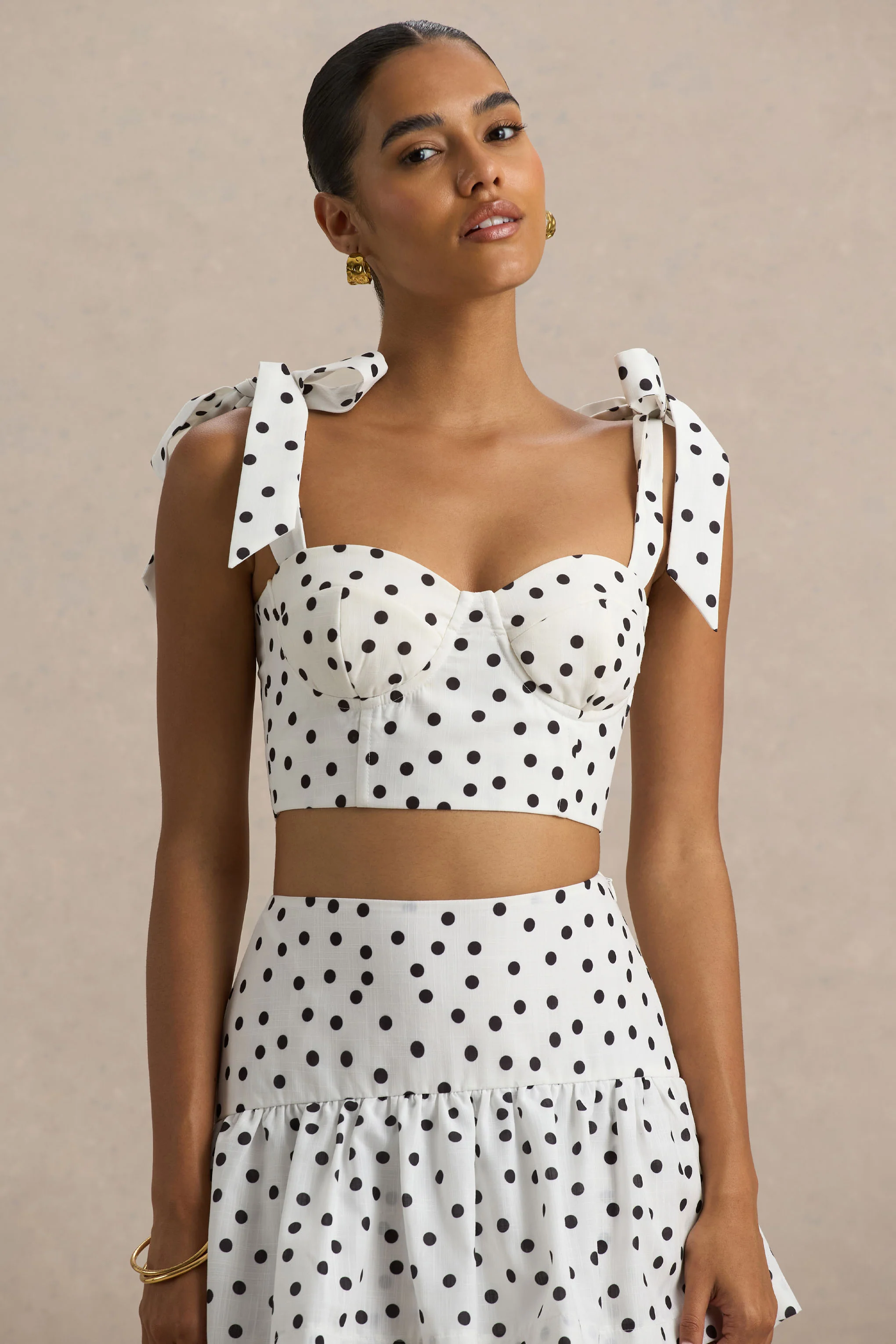 Lumen | White Polka Dot Corset Sweetheart Top With Bow Straps - Image 5
