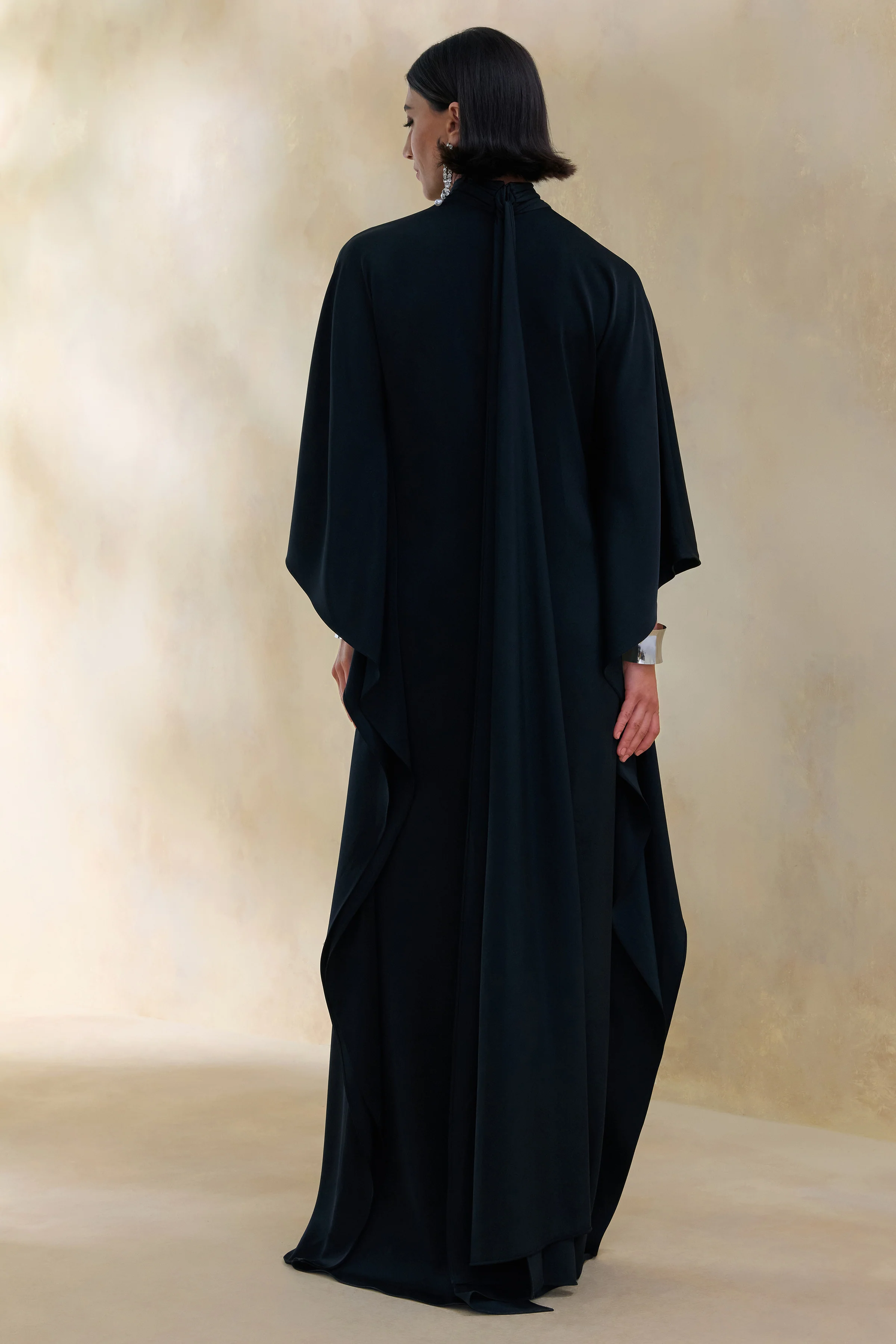 Lumisette | Black Satin High-Neck Maxi Dress With Cape - Image 2