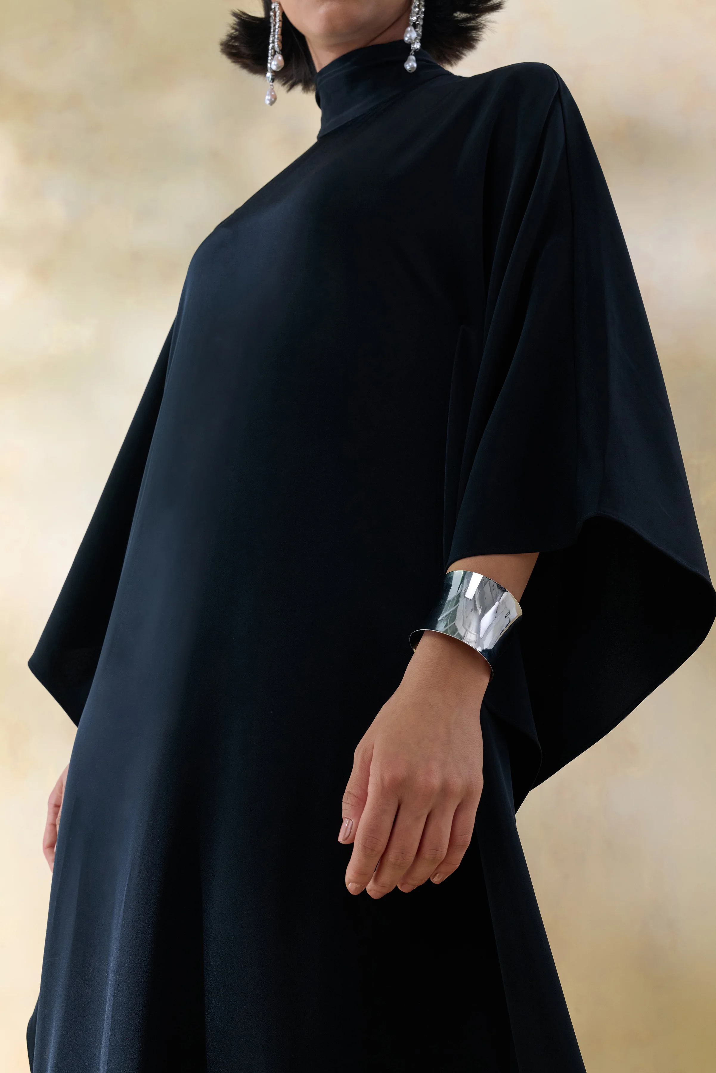 Lumisette | Black Satin High-Neck Maxi Dress With Cape - Image 3
