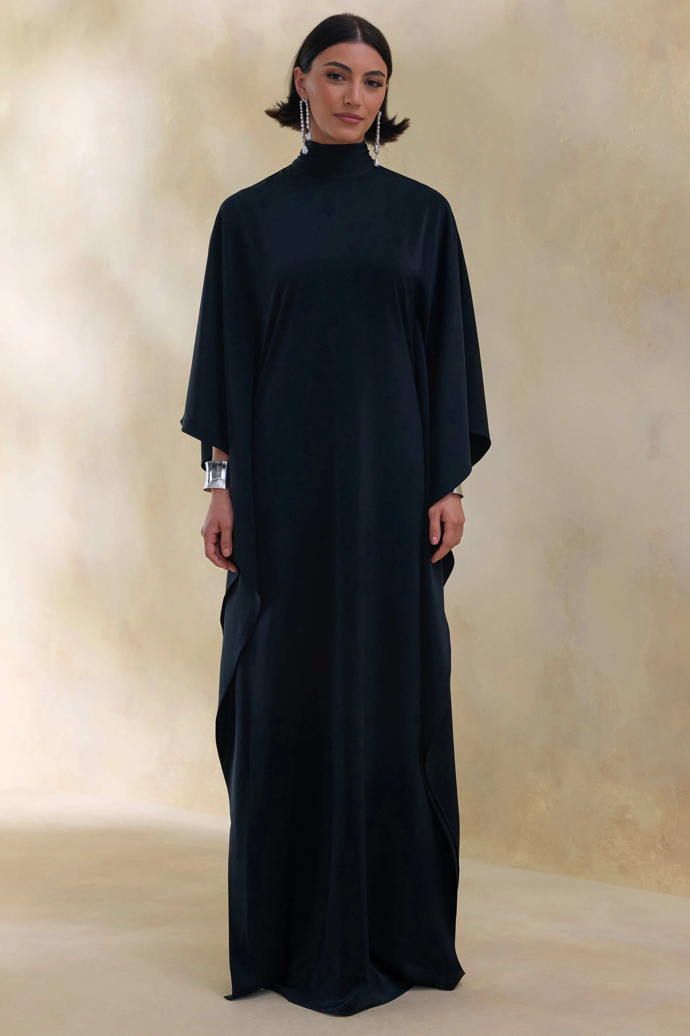 Lumisette | Black Satin High-Neck Maxi Dress With Cape - Image 4