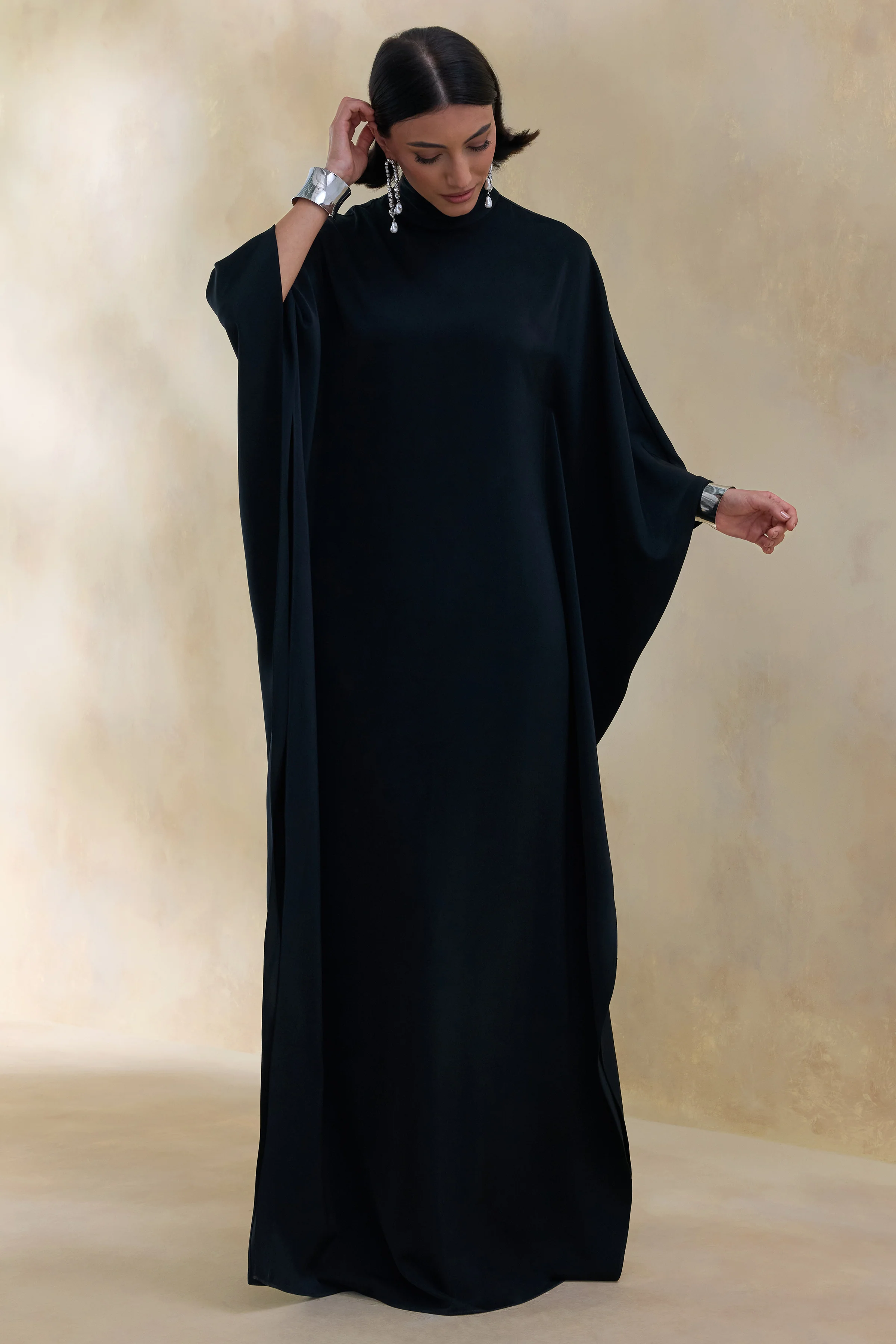 Lumisette | Black Satin High-Neck Maxi Dress With Cape - Image 5