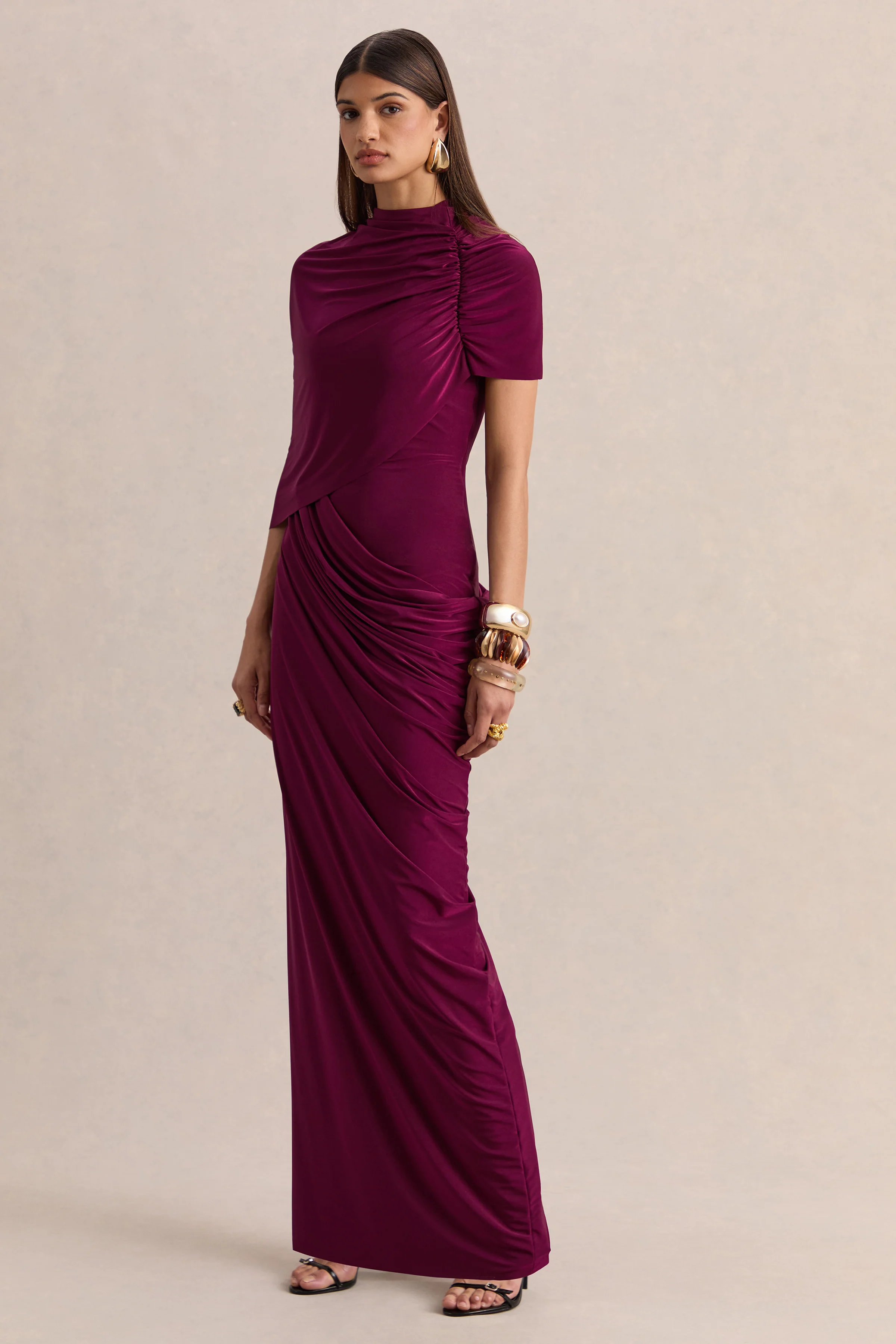 Lunaline | Burgundy High-Neck Maxi Dress With Asymmetric Cape And Draped-Detailing - Image 4