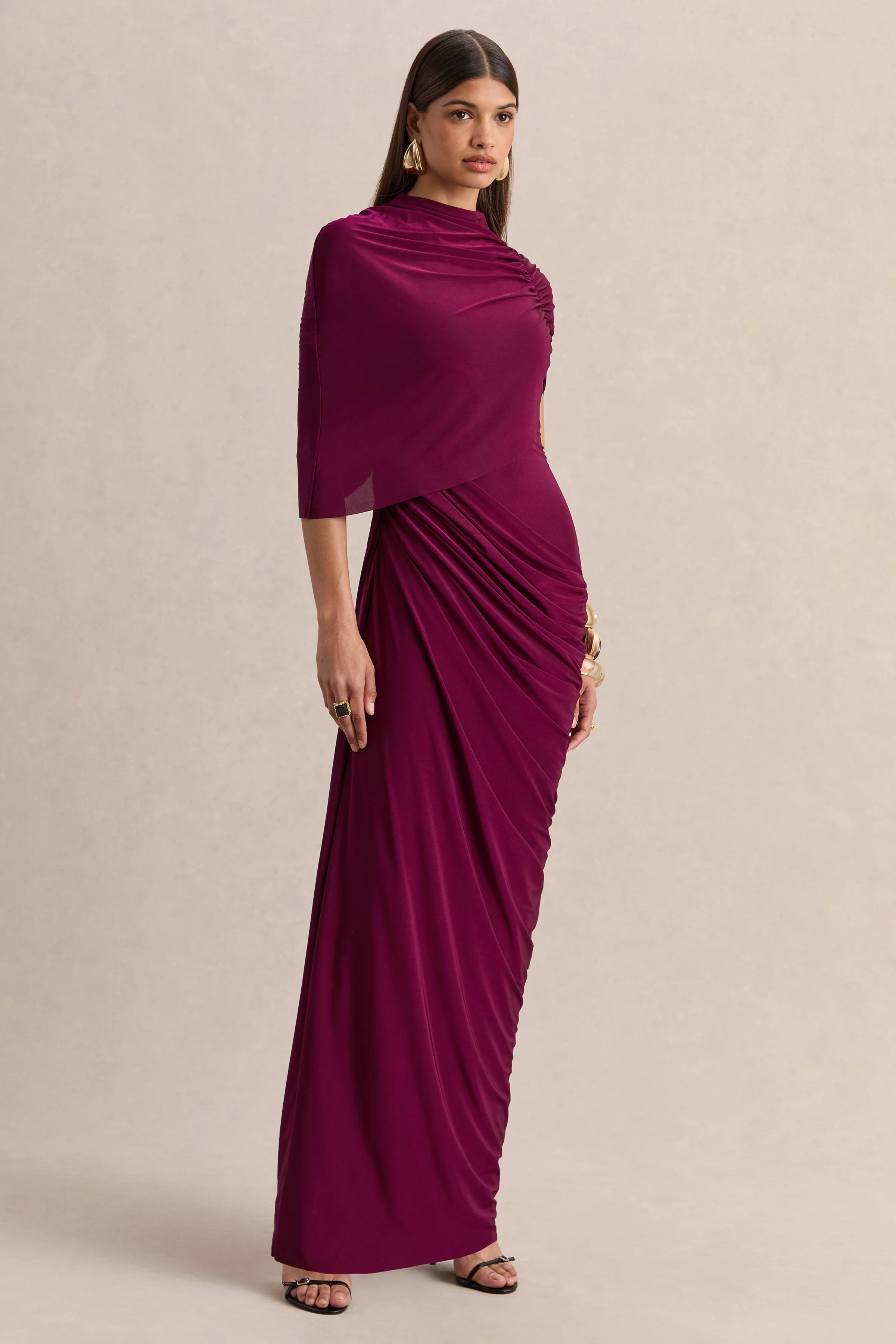 Lunaline | Burgundy High-Neck Maxi Dress With Asymmetric Cape And Draped-Detailing - Image 5