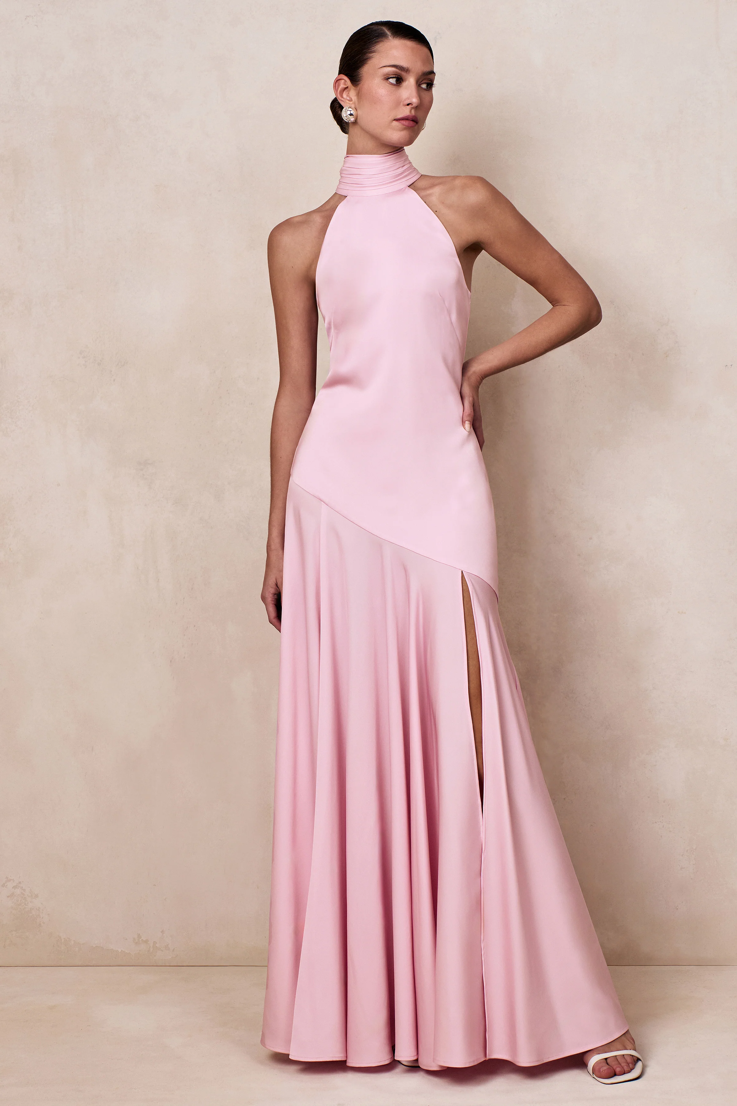 Luscious | Light Pink High-Neck Maxi Dress With Drop-Waist And Bow Detail - Image 5