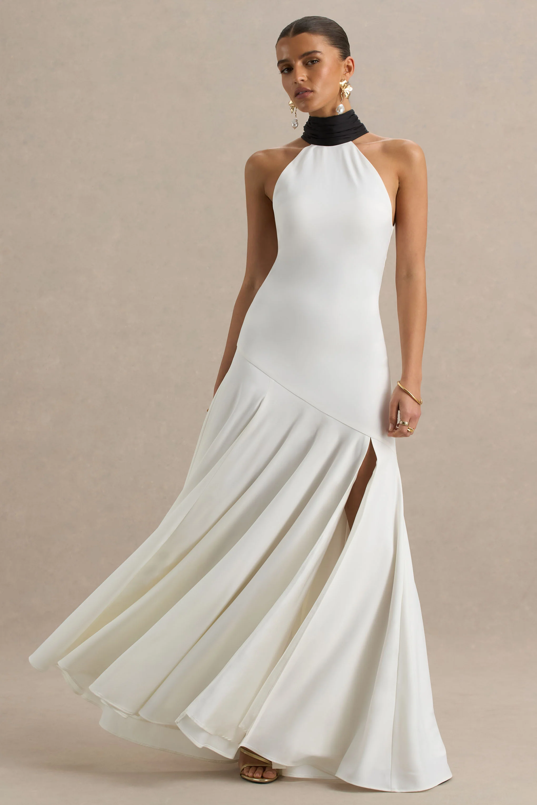 Luscious | White And Black High-Neck Maxi Dress With Drop-Waist And Bow Detail - Image 3
