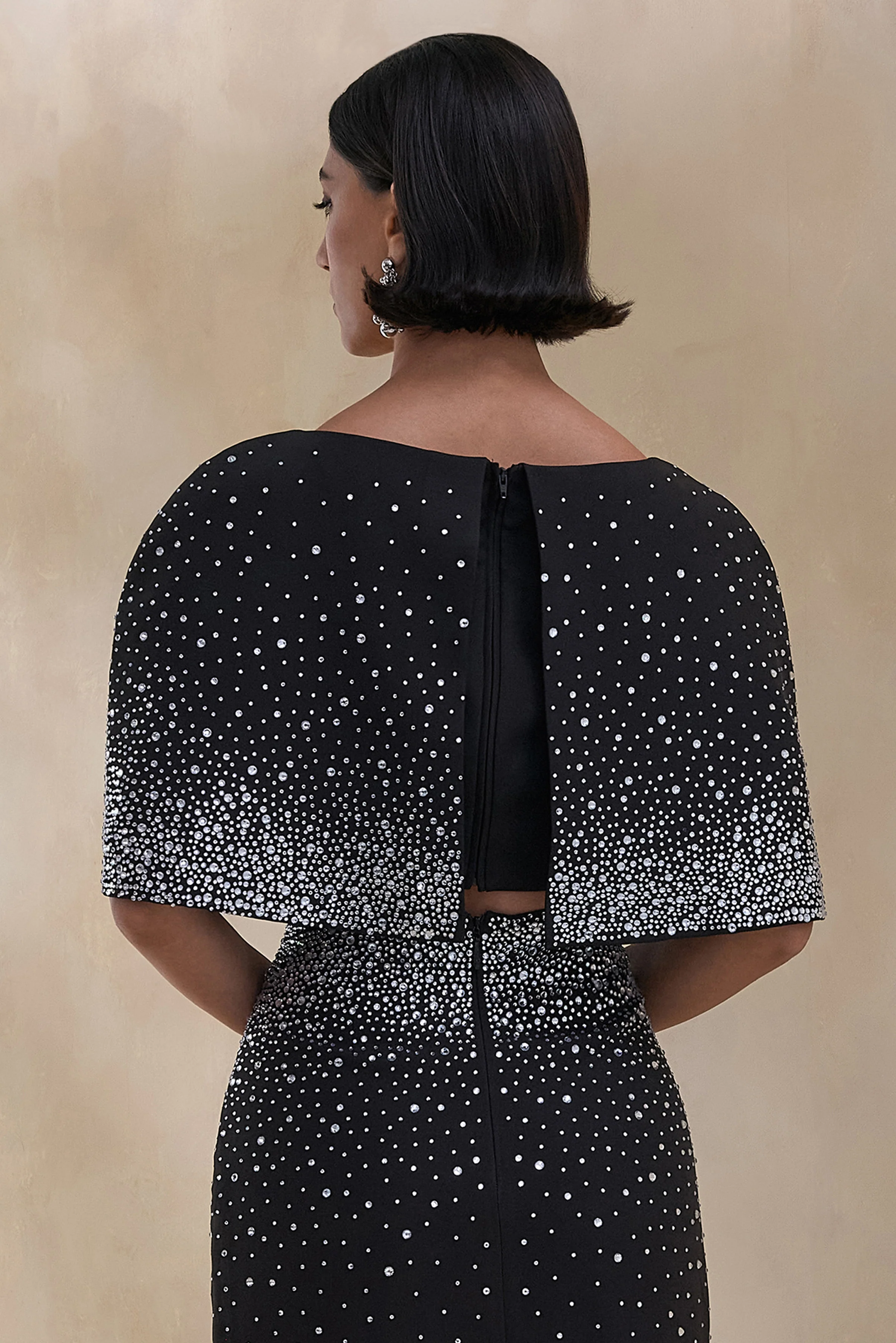 Luxy | Black Embellished Boat-Neck Crop-Top With Cape-Sleeves - Image 2
