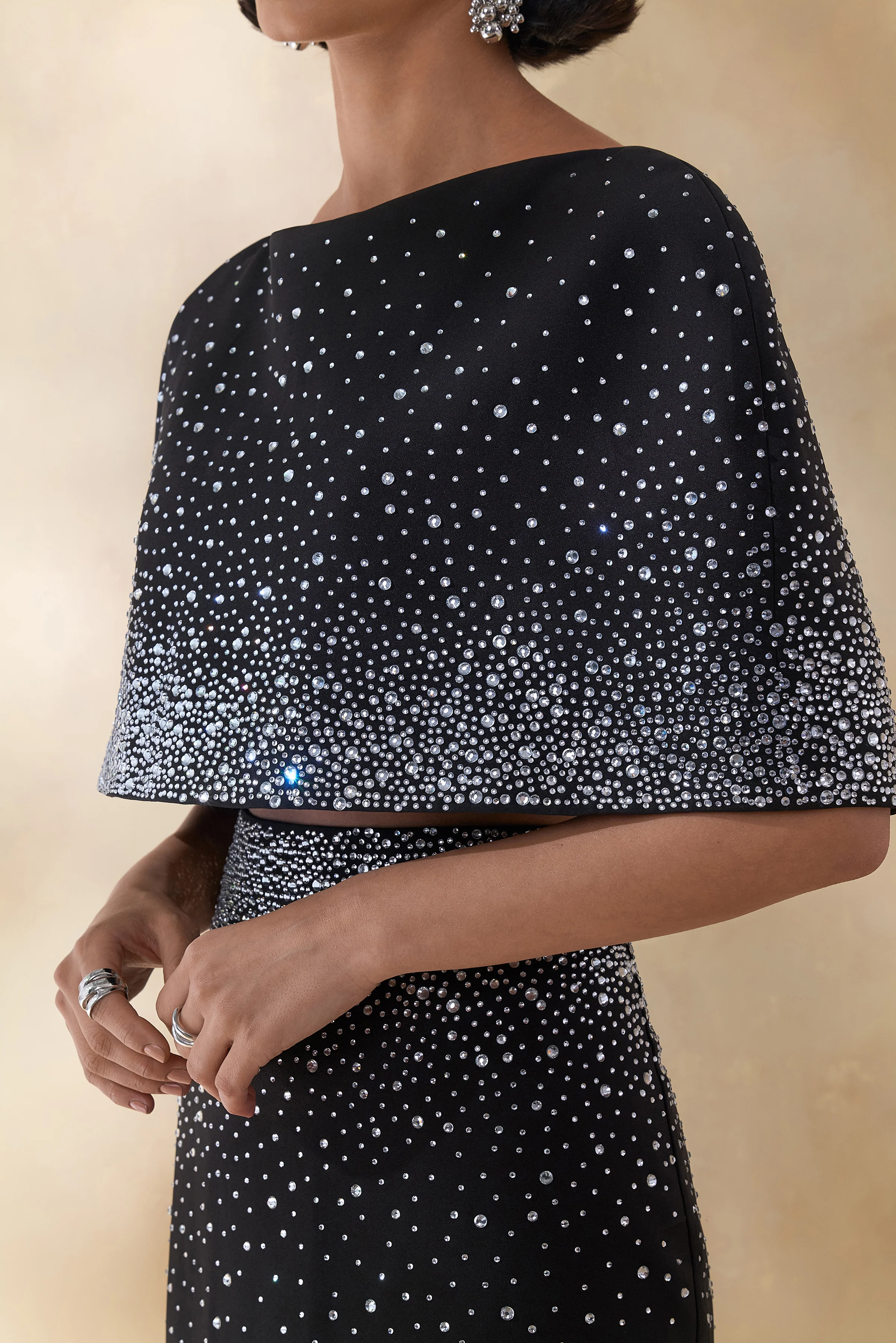 Luxy | Black Embellished Boat-Neck Crop-Top With Cape-Sleeves - Image 3