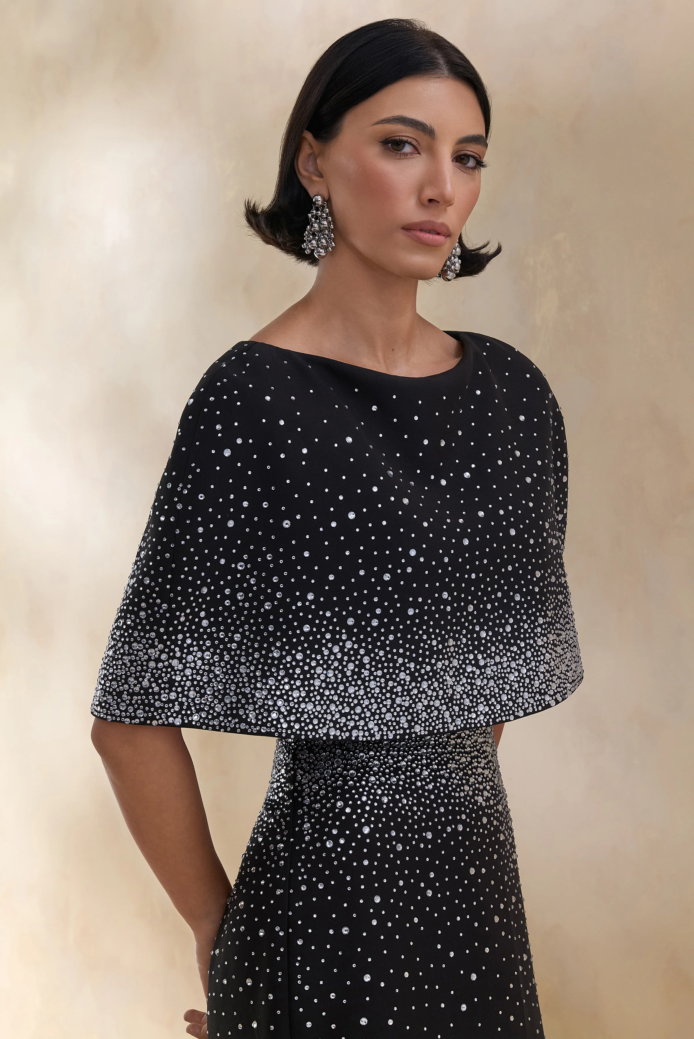 Luxy | Black Embellished Boat-Neck Crop-Top With Cape-Sleeves - Image 4