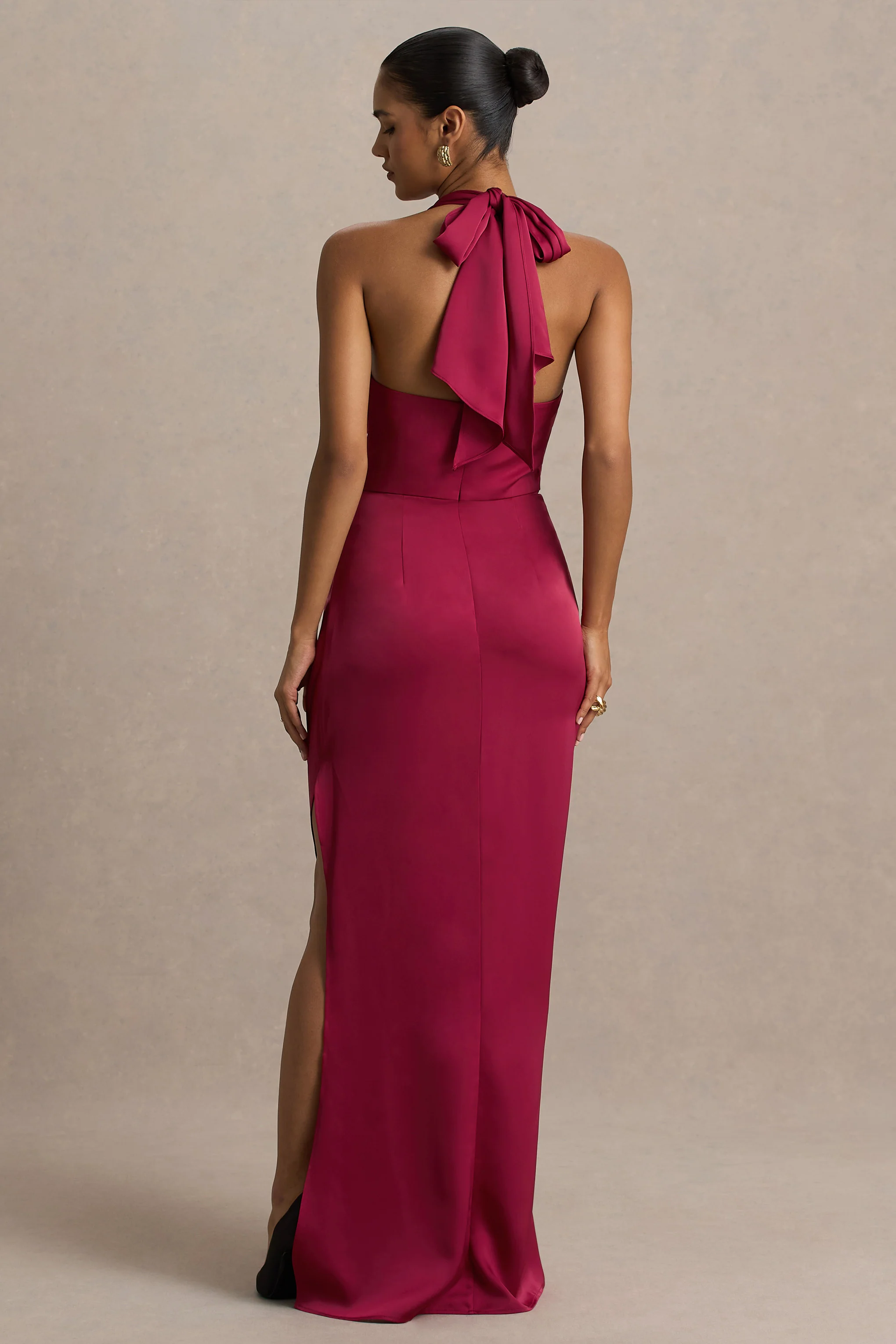 Lynette | Burgundy Satin Plunge-Neck Maxi Dress With Asymmetric Hem - Image 2
