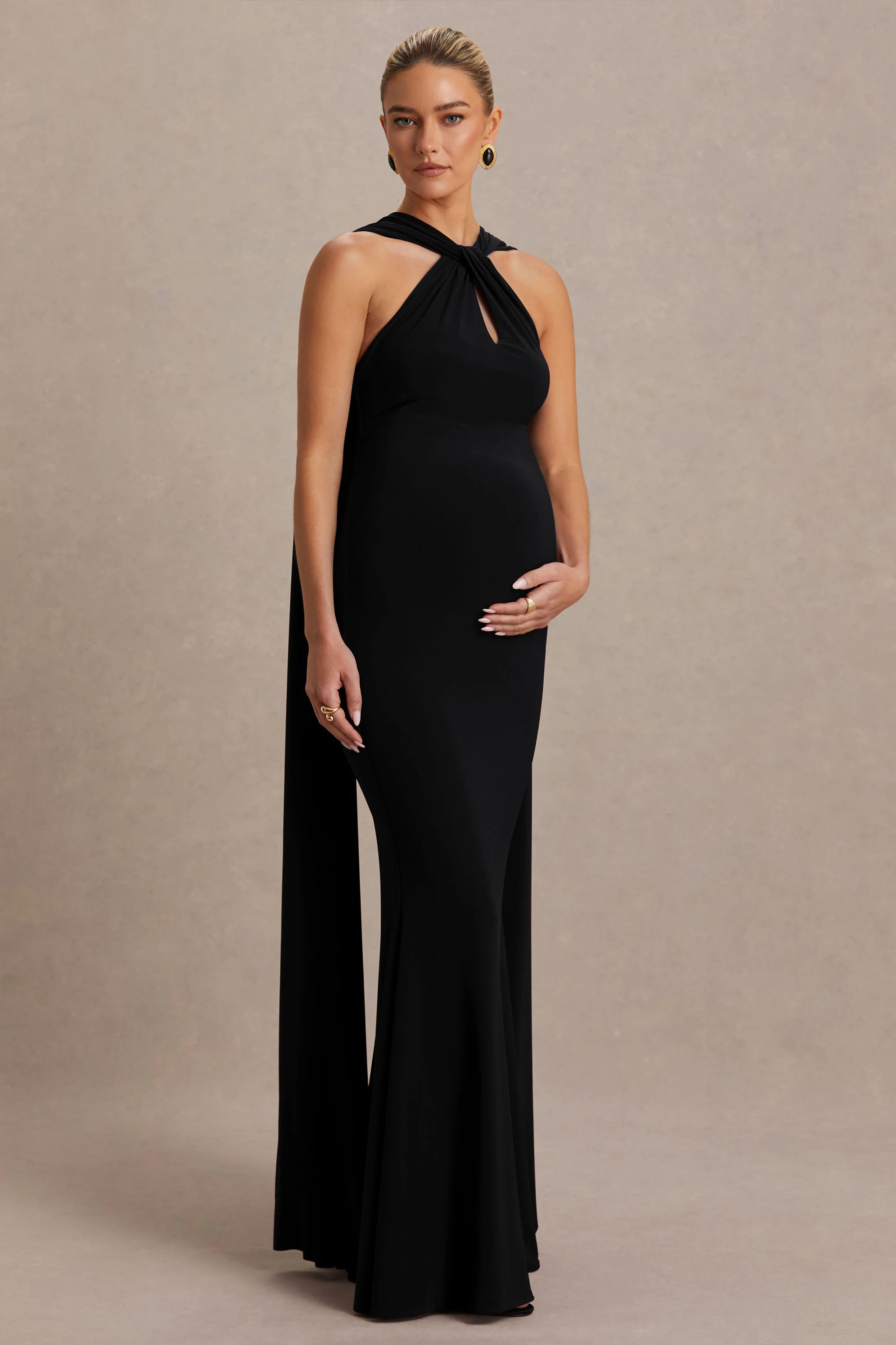 Lyra | Black Cross Halter-Neck Maternity Maxi Dress With Cape - Image 3