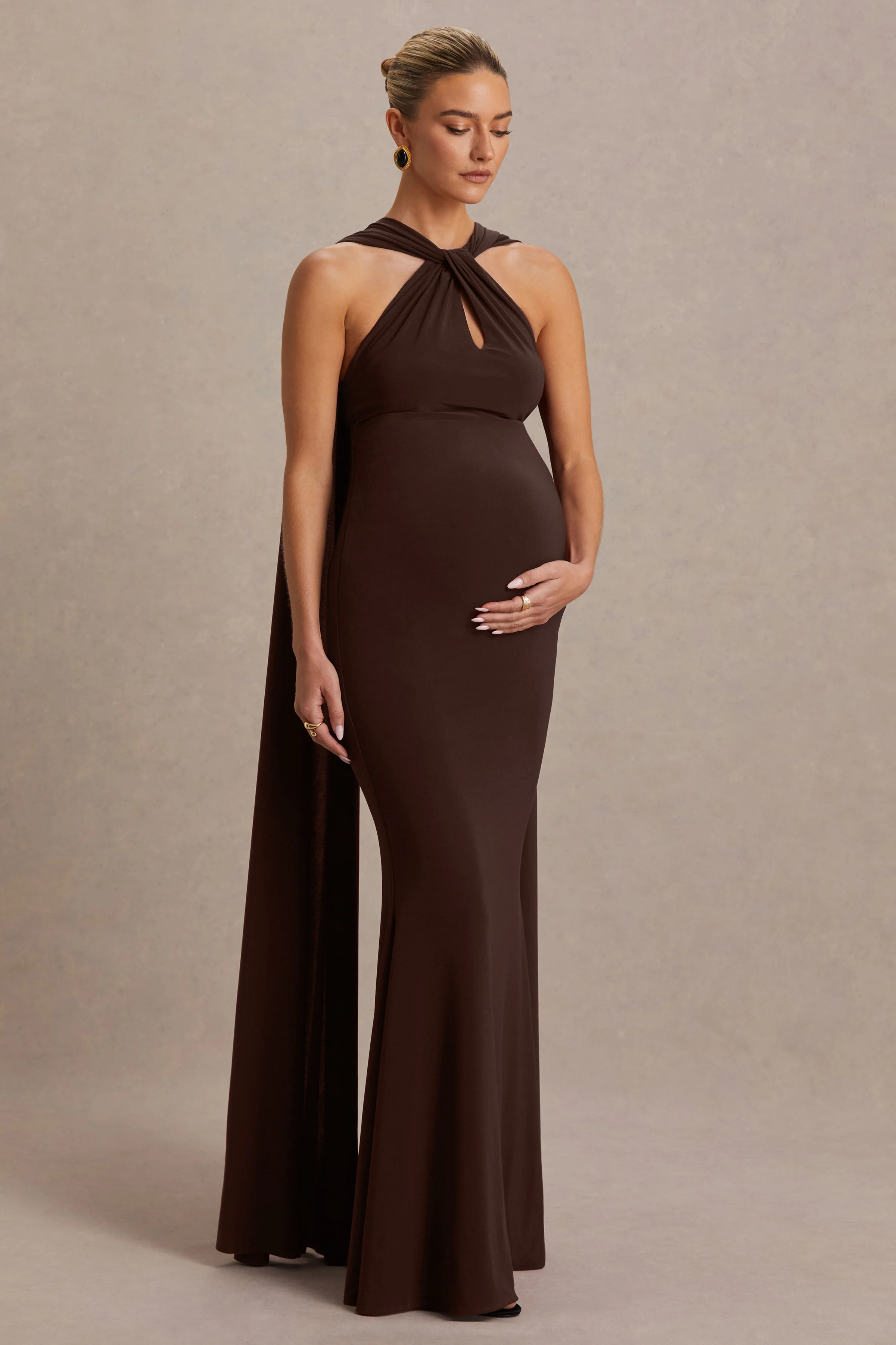 Lyra | Brown Cross Halter-Neck Maternity Maxi Dress With Cape - Image 4