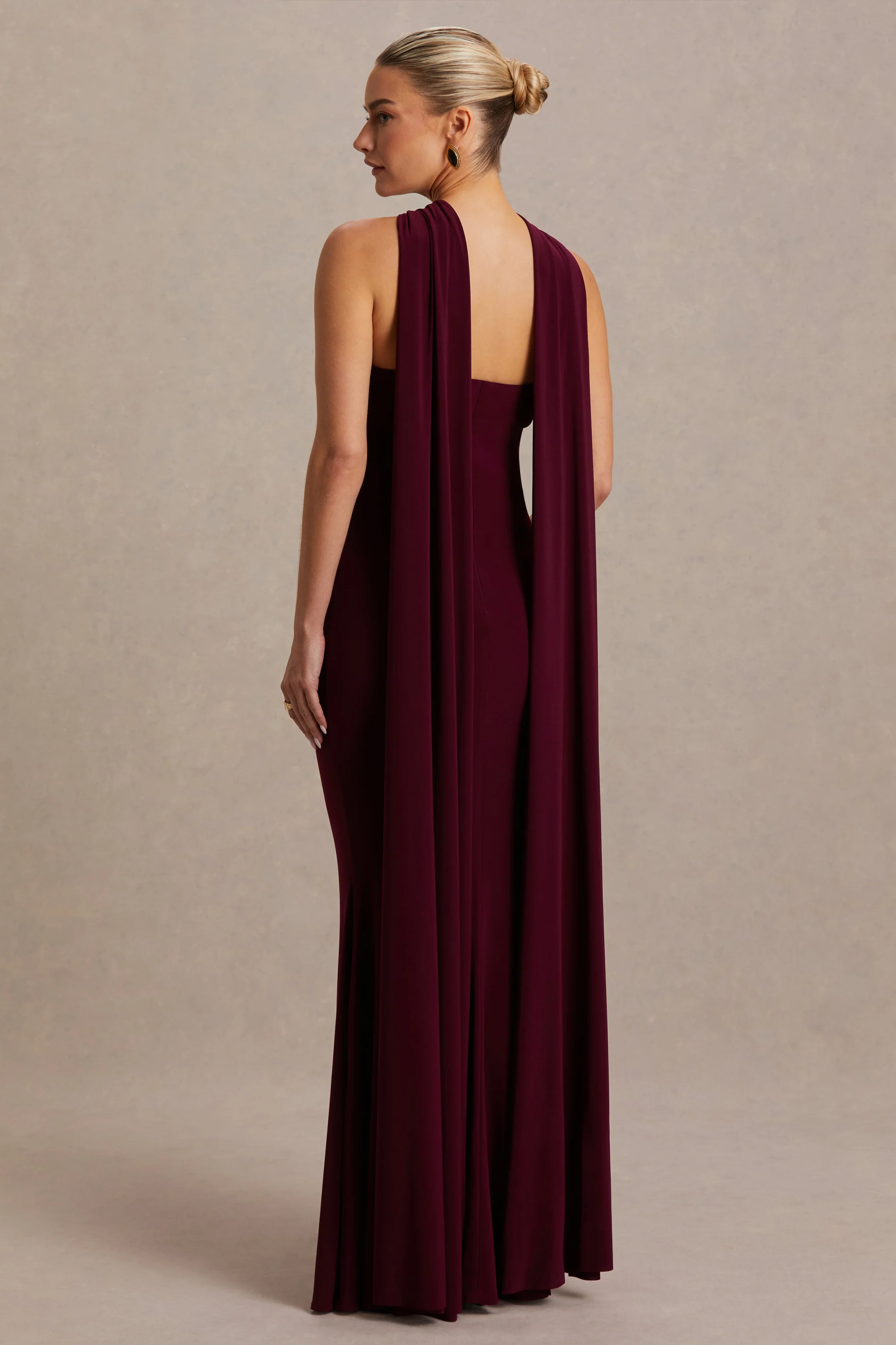 Lyra | Burgundy Cross Halter-Neck Maternity Maxi Dress With Cape - Image 2