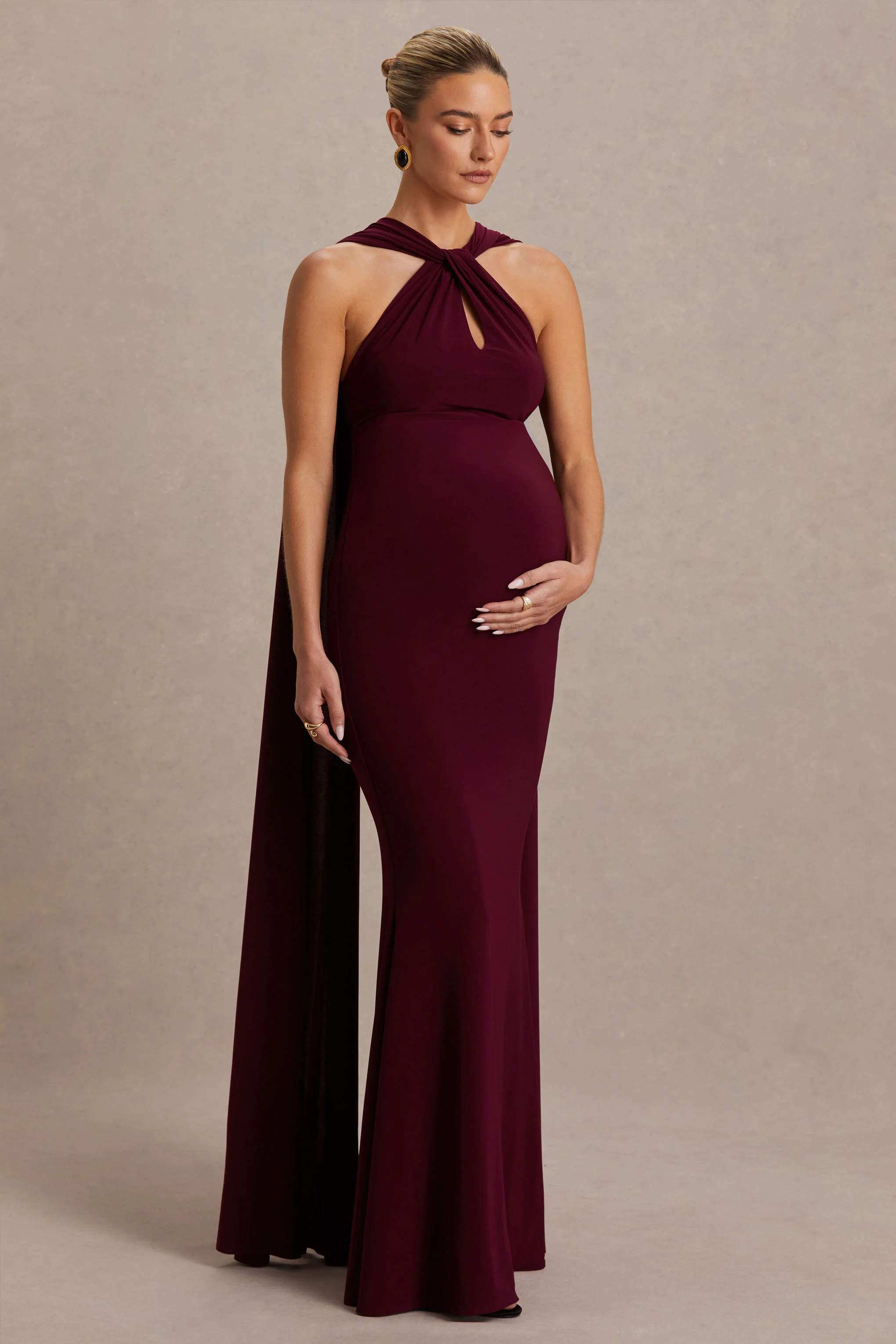 Lyra | Burgundy Cross Halter-Neck Maternity Maxi Dress With Cape - Image 4