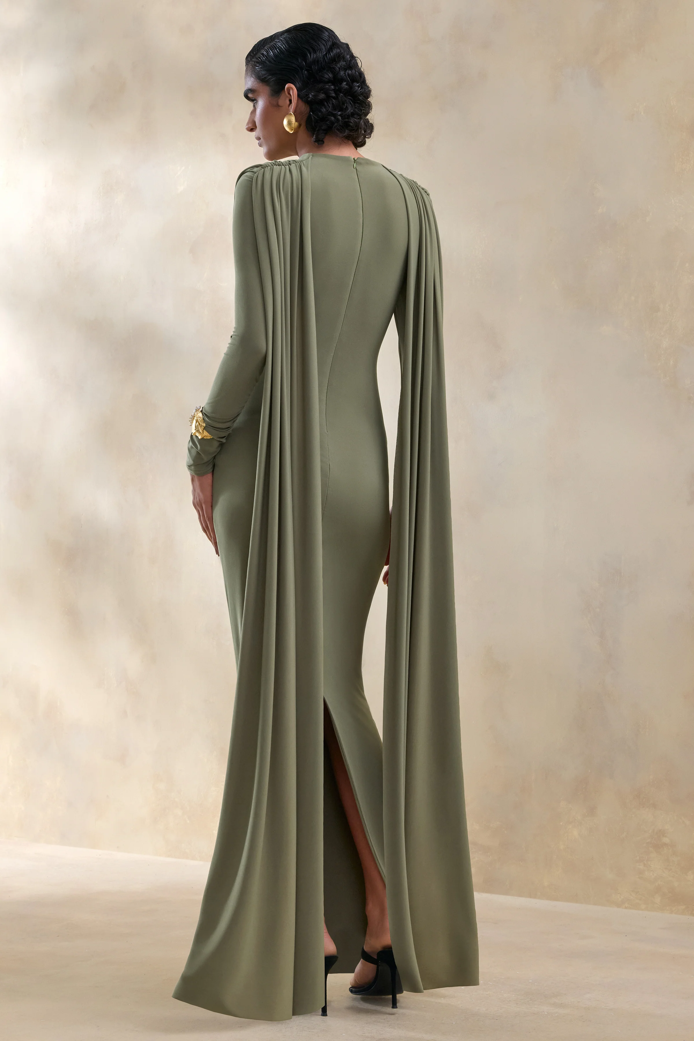 Lysoria | Olive High-Neck Maxi Dress With Draped-Detailing And Cape-Sleeves - Image 2