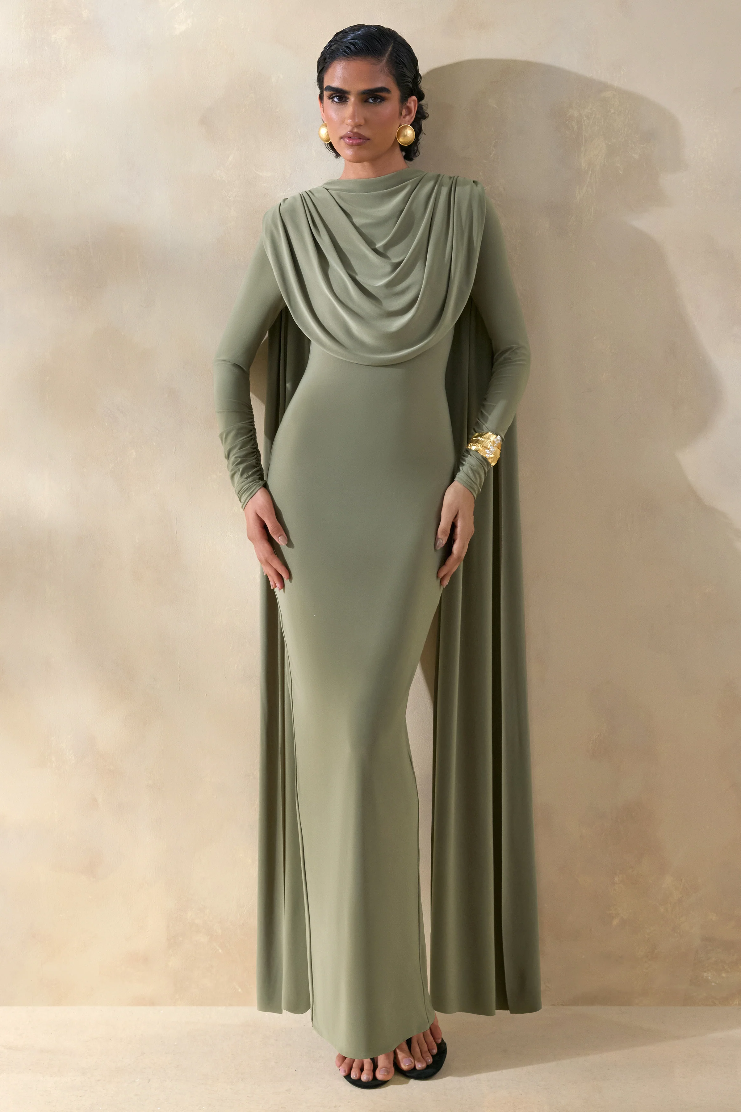 Lysoria | Olive High-Neck Maxi Dress With Draped-Detailing And Cape-Sleeves - Image 4