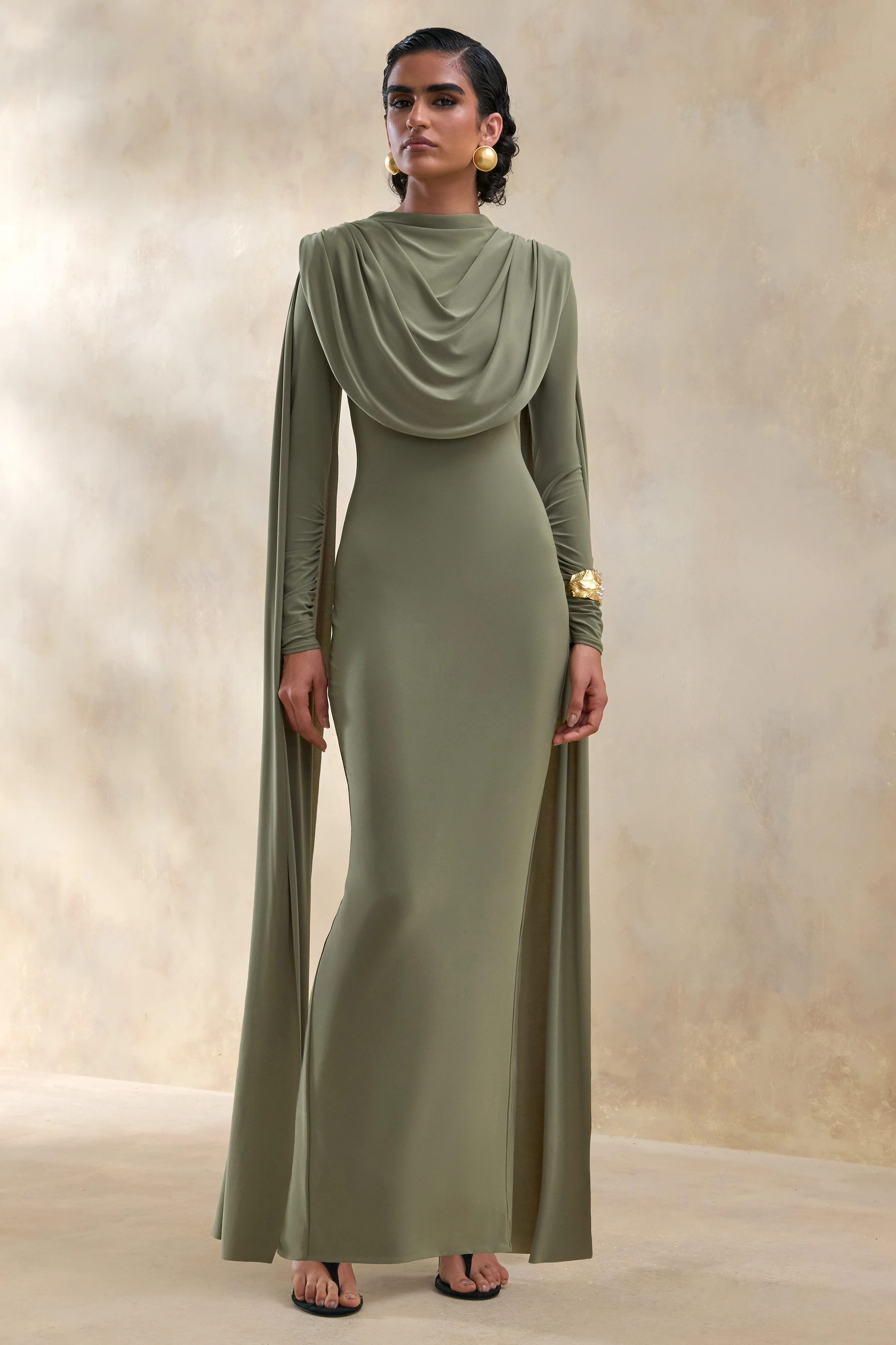 Lysoria | Olive High-Neck Maxi Dress With Draped-Detailing And Cape-Sleeves - Image 5