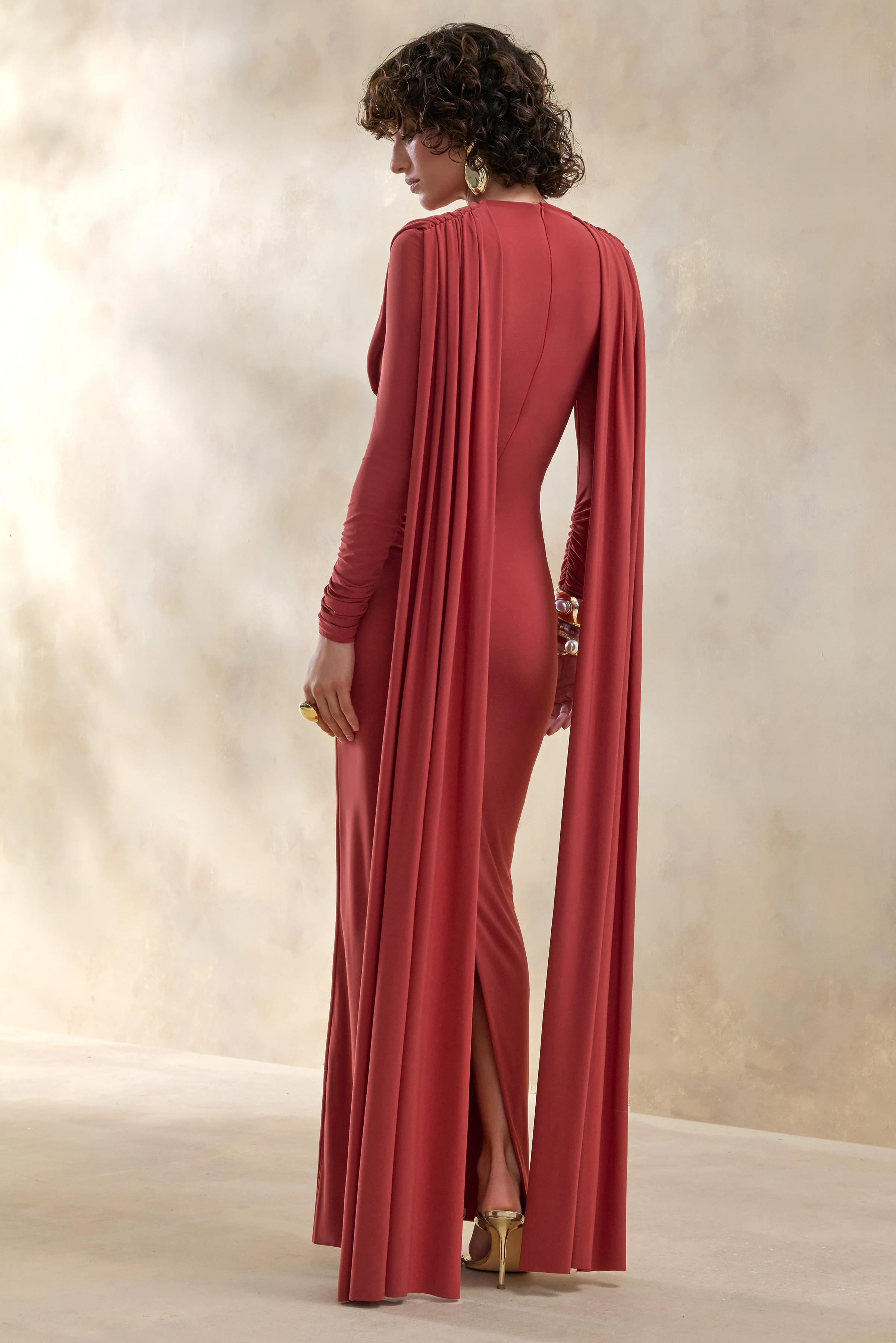 Lysoria | Rust High-Neck Maxi Dress With Draped-Detailing And Cape-Sleeves - Image 2