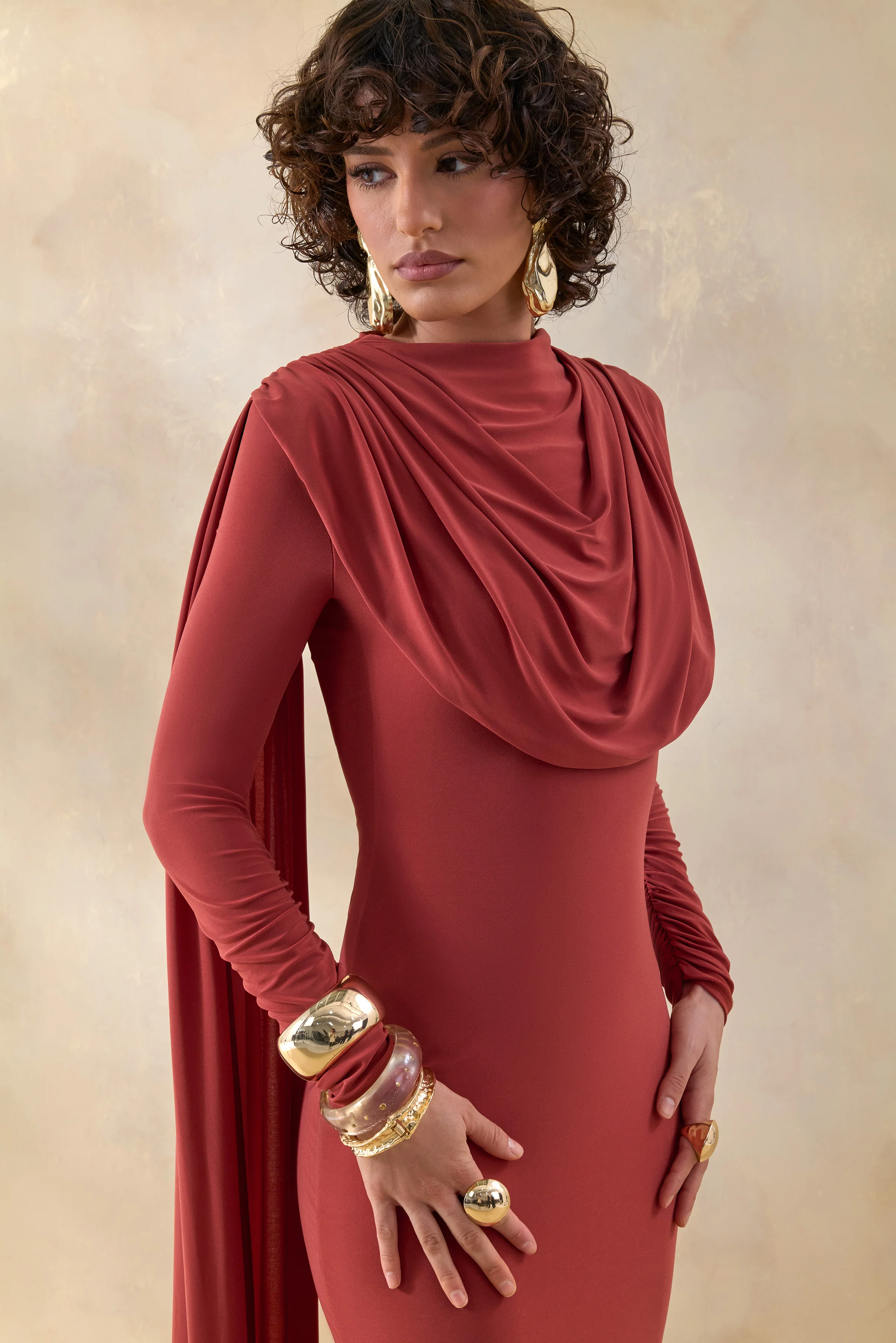 Lysoria | Rust High-Neck Maxi Dress With Draped-Detailing And Cape-Sleeves - Image 3