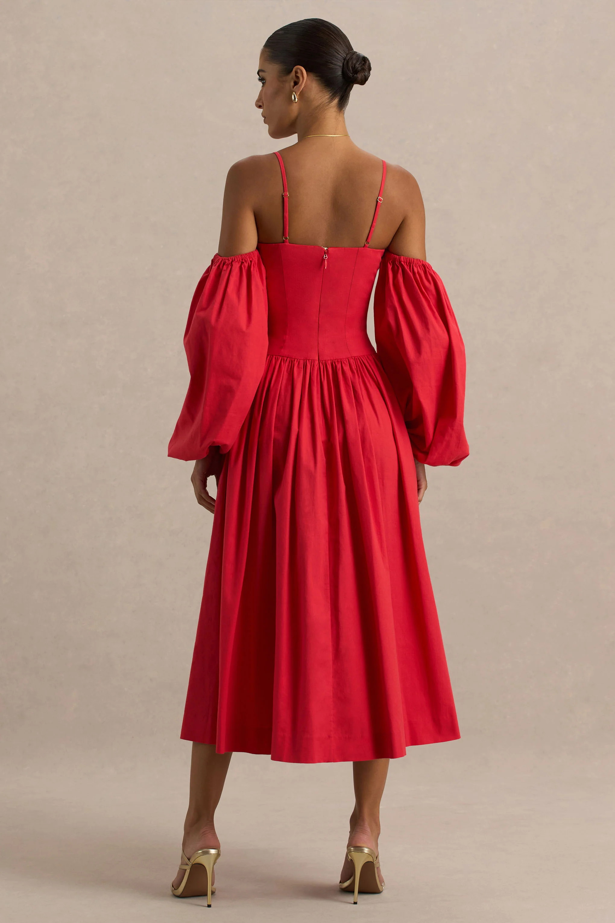 Macie | Red Sweetheart Midi Dress With Balloon Sleeves - Image 2