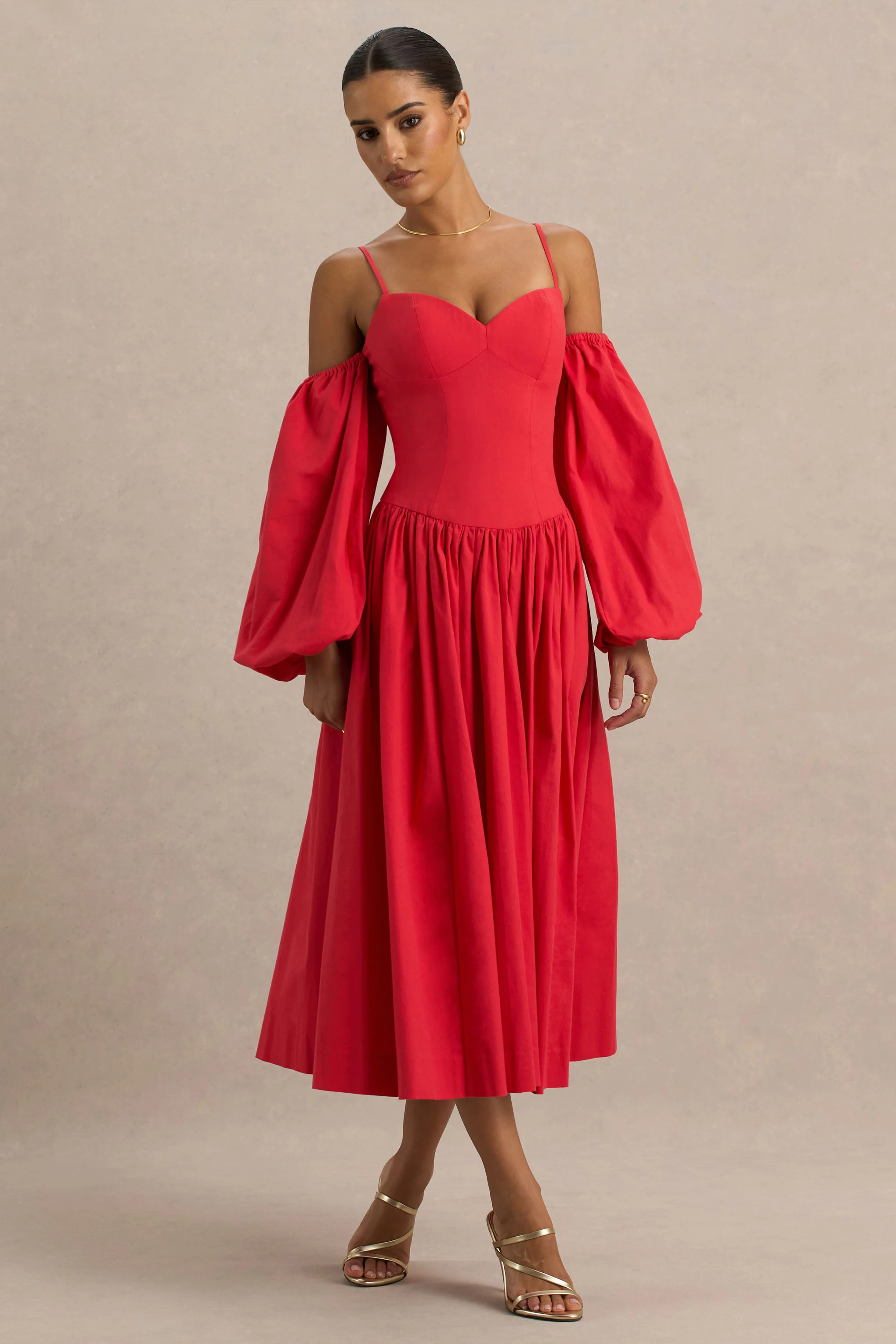 Macie | Red Sweetheart Midi Dress With Balloon Sleeves - Image 3