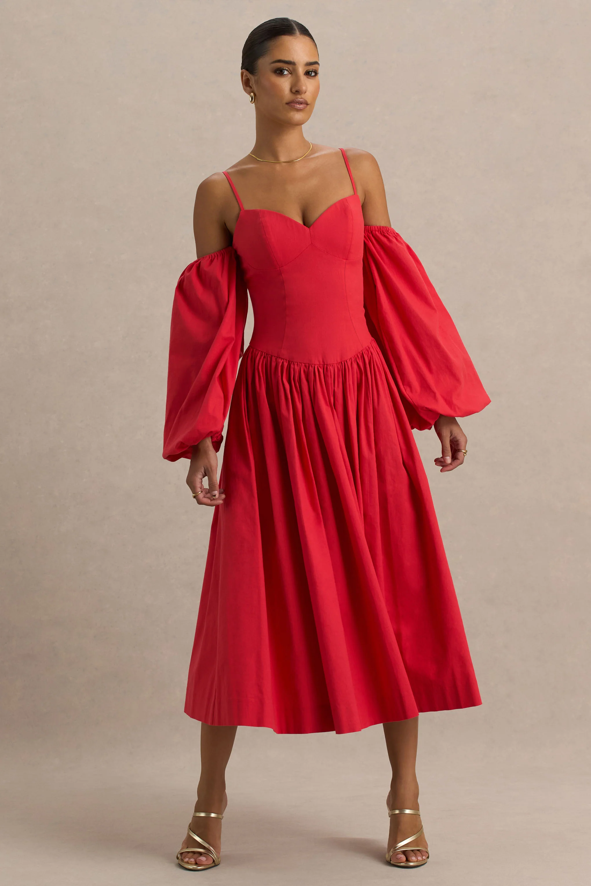 Macie | Red Sweetheart Midi Dress With Balloon Sleeves - Image 4