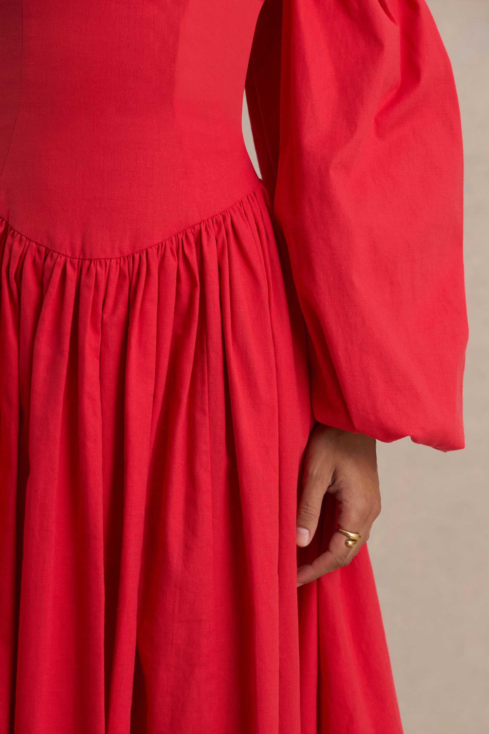 Macie | Red Sweetheart Midi Dress With Balloon Sleeves - Image 6