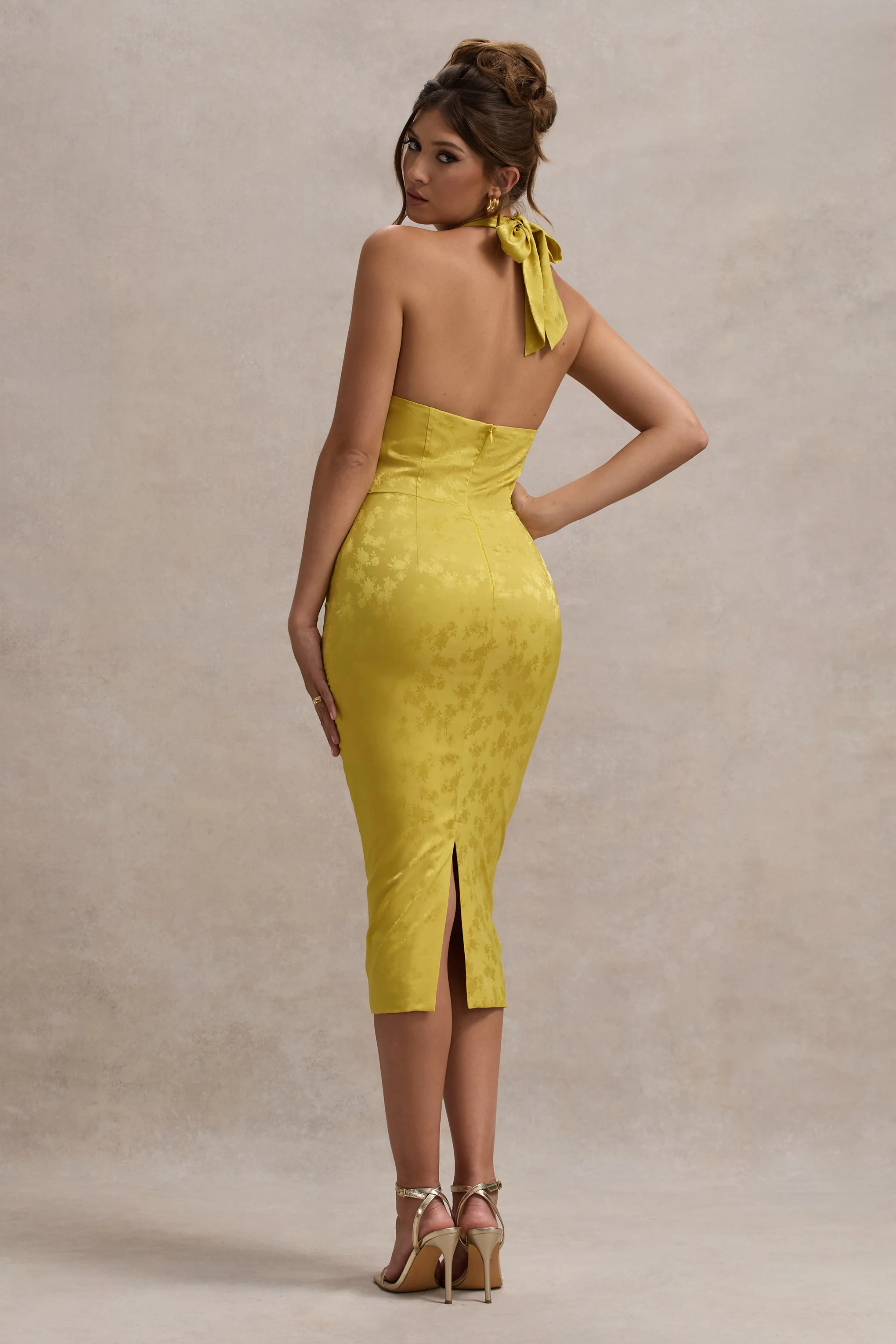 Maciza | Mustard Satin Jacquard Cowl-Neck Midi Dress - Image 2