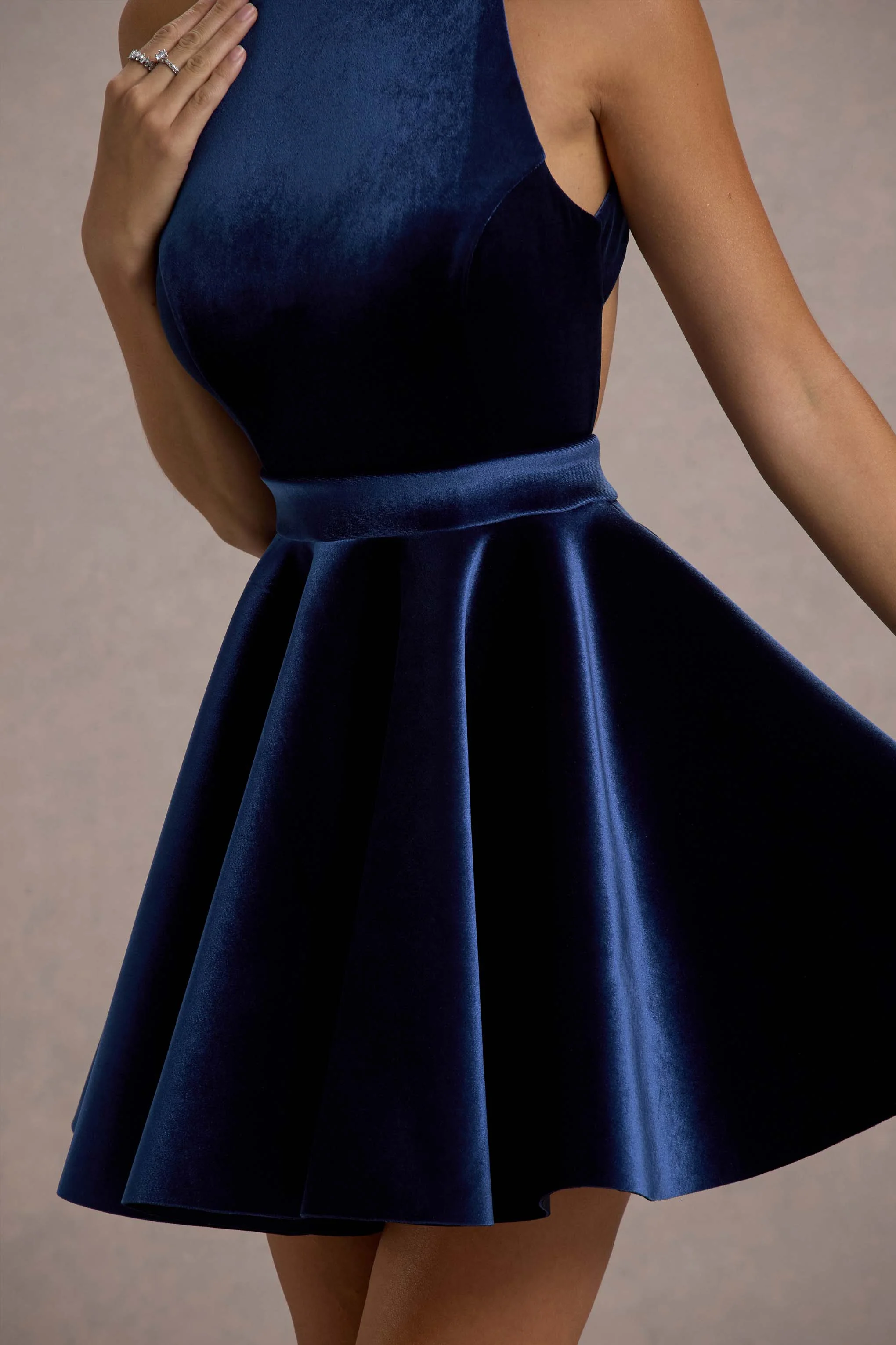 Mackie | Navy Velvet Sleeveless Skater Mini Dress - Image 5