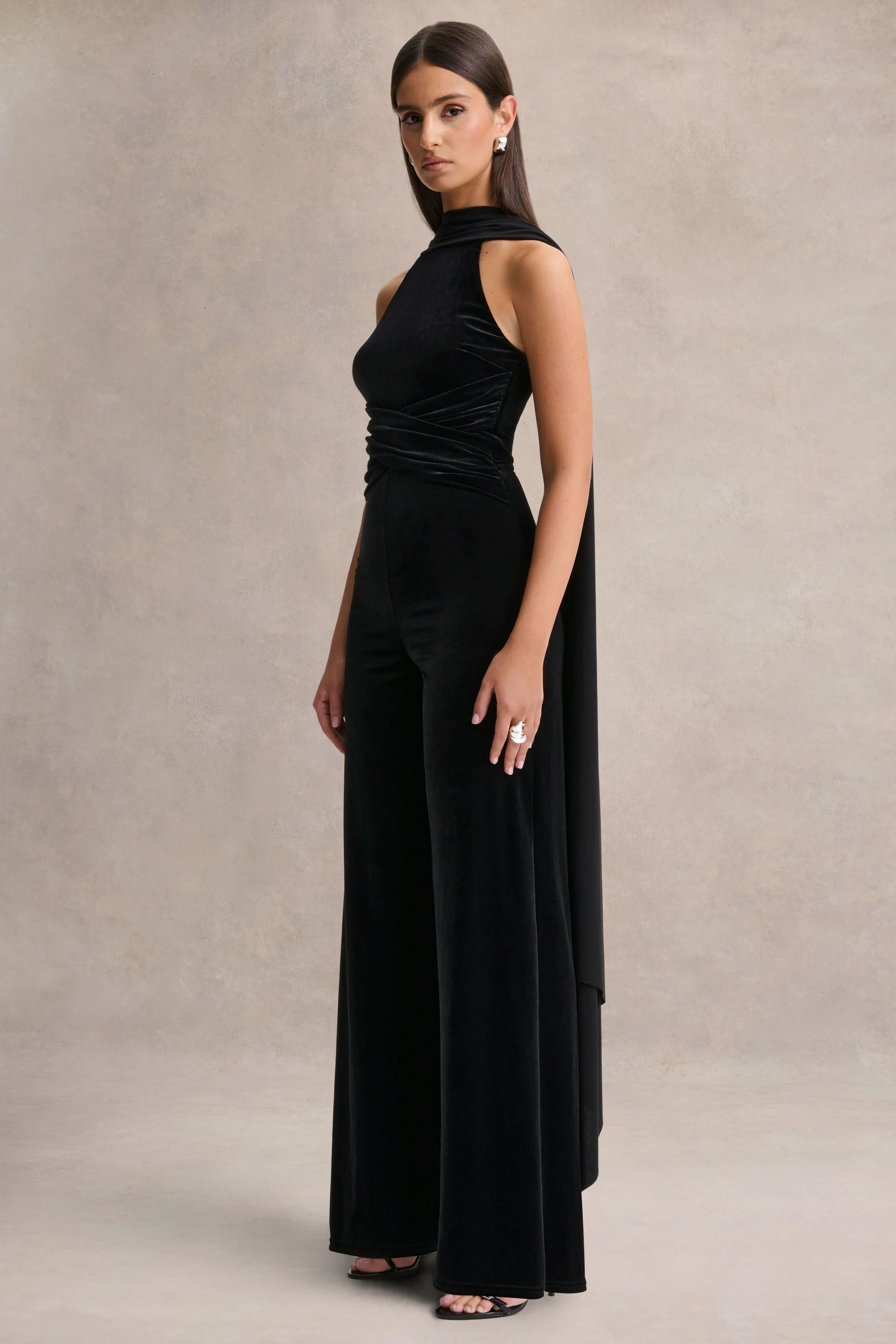 Madalina | Black High-Neck Jumpsuit With Scarf-Detail - Image 5