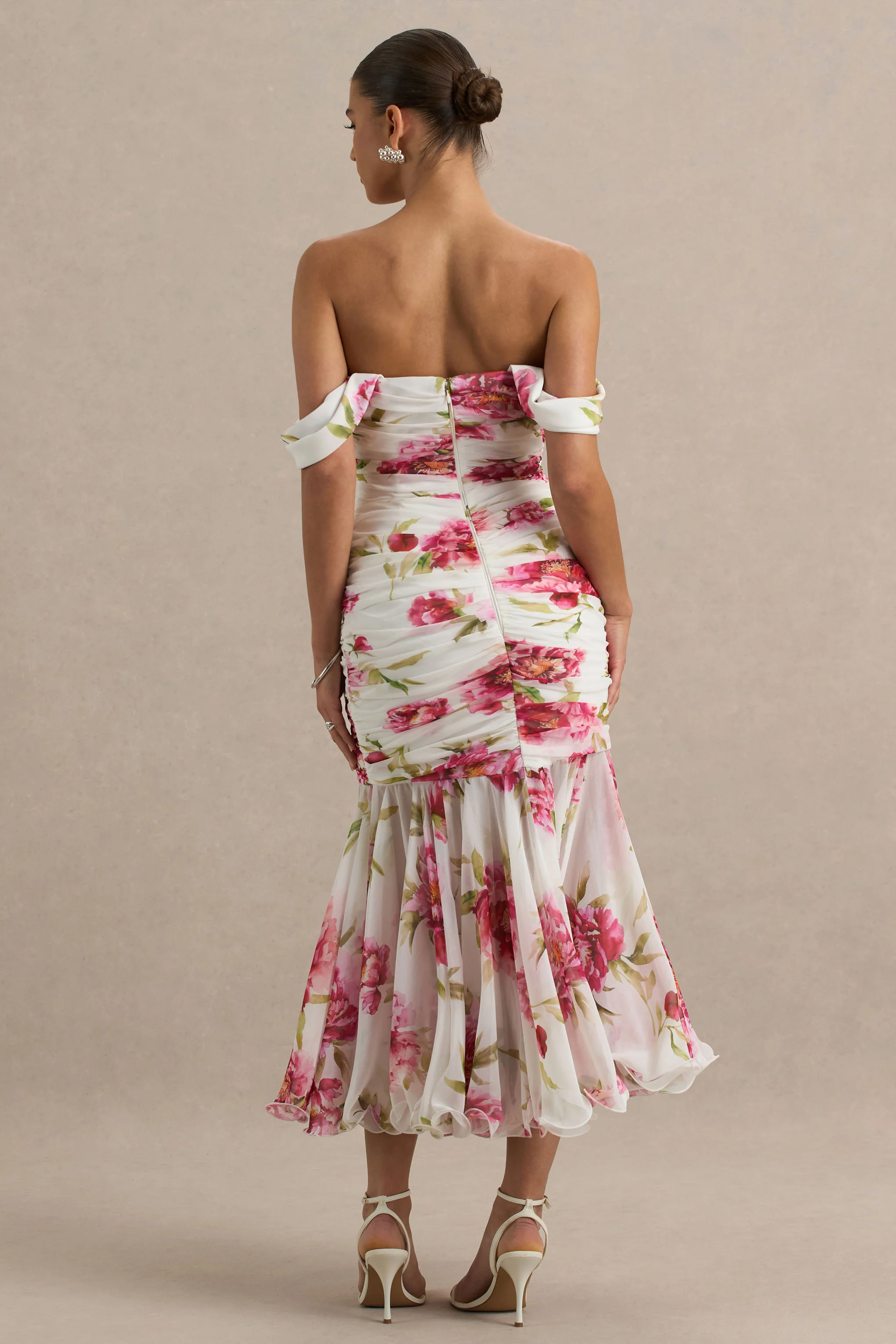 Madelyn | Cream Floral Print Short-Sleeve Bardot Wrap Maxi Dress With Ruching - Image 2