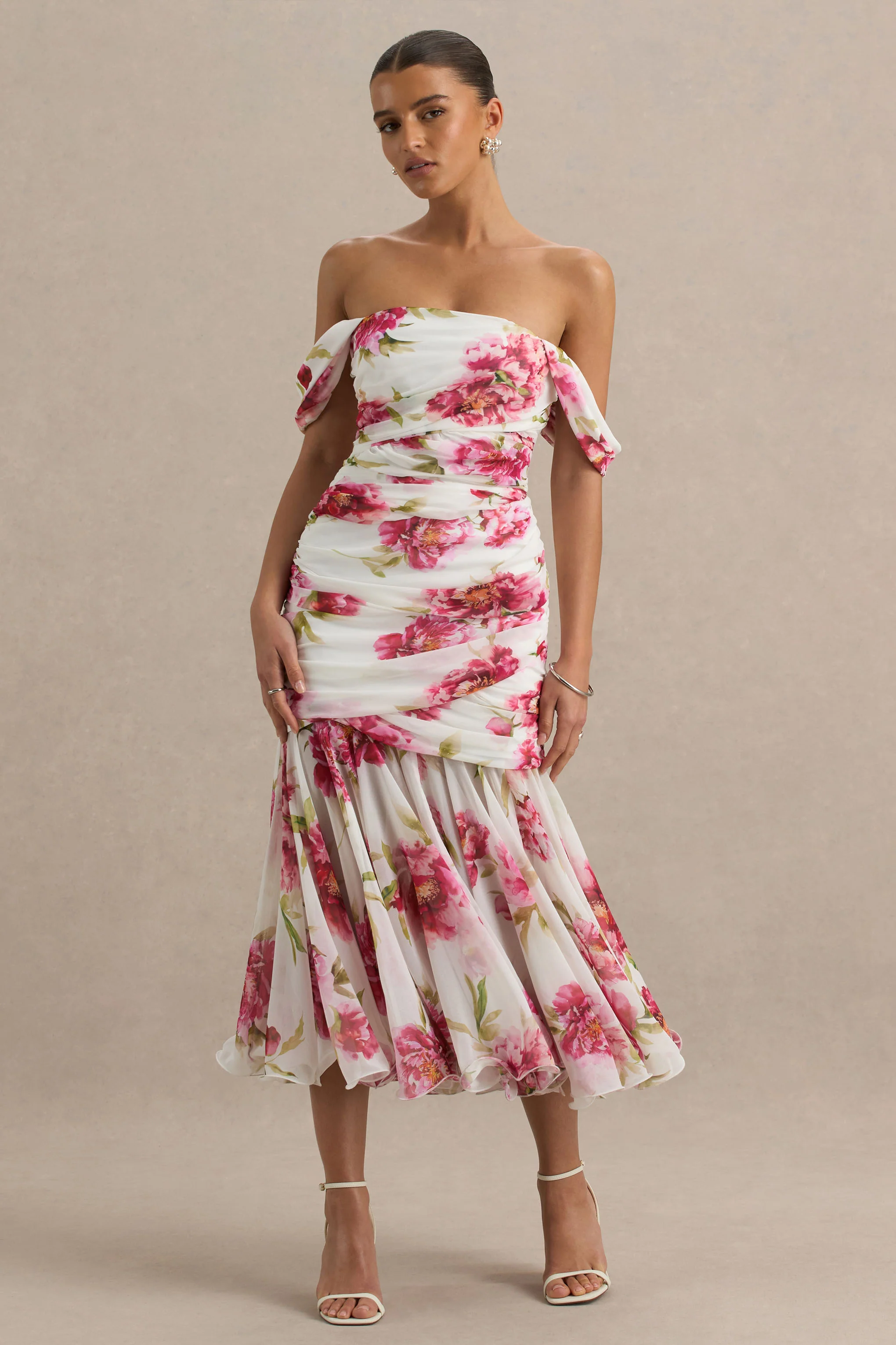 Madelyn | Cream Floral Print Short-Sleeve Bardot Wrap Maxi Dress With Ruching - Image 3