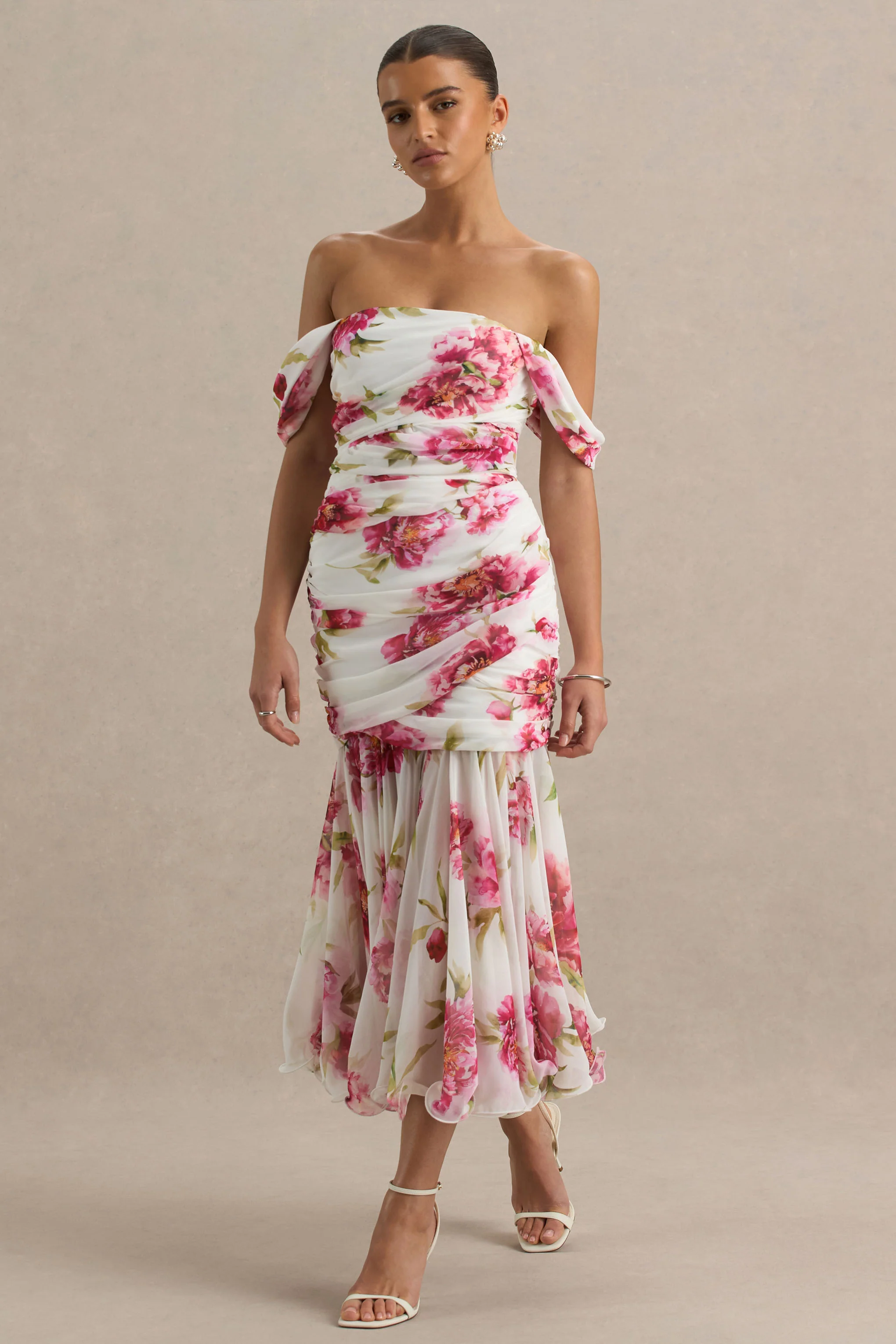 Madelyn | Cream Floral Print Short-Sleeve Bardot Wrap Maxi Dress With Ruching - Image 4