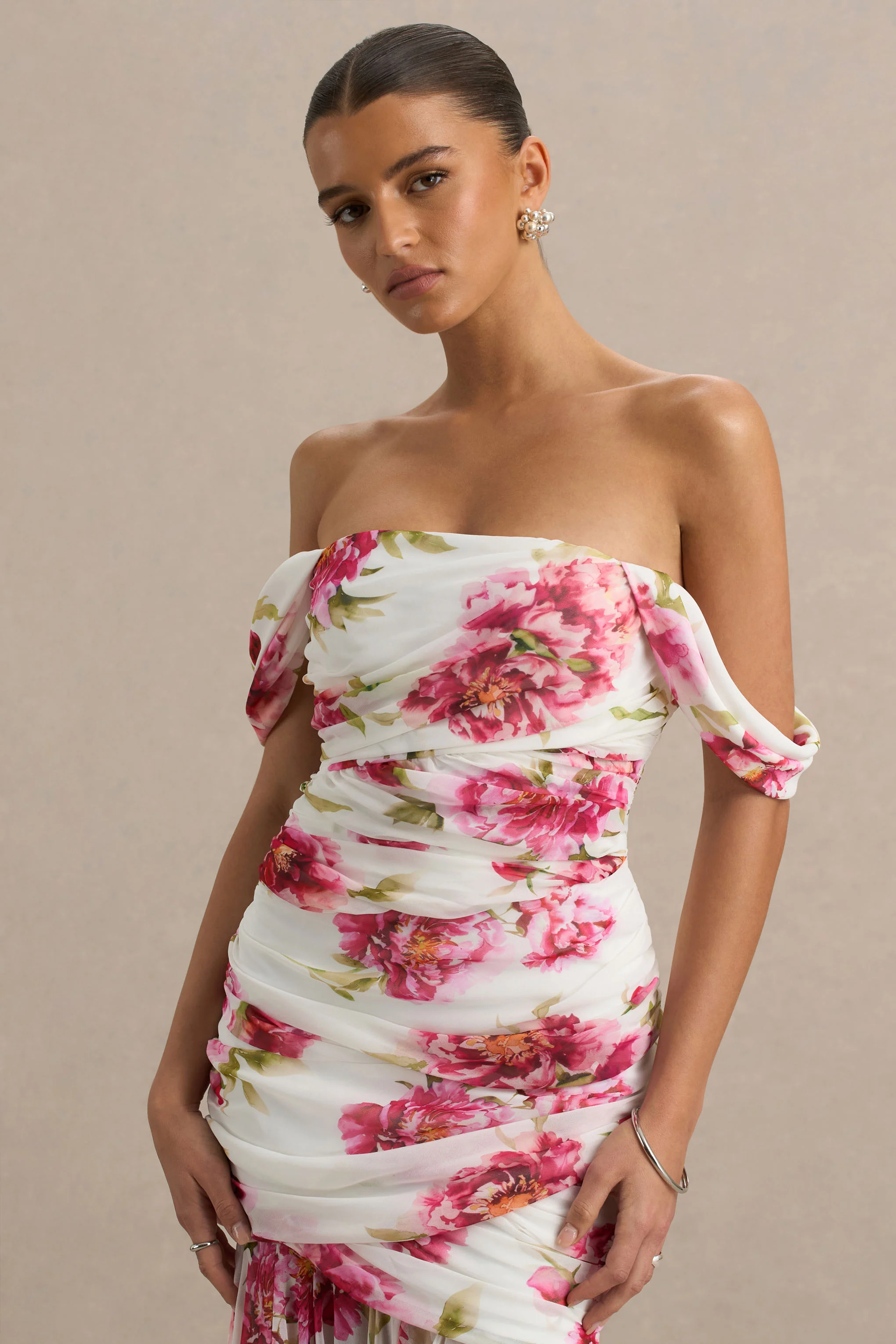 Madelyn | Cream Floral Print Short-Sleeve Bardot Wrap Maxi Dress With Ruching - Image 5
