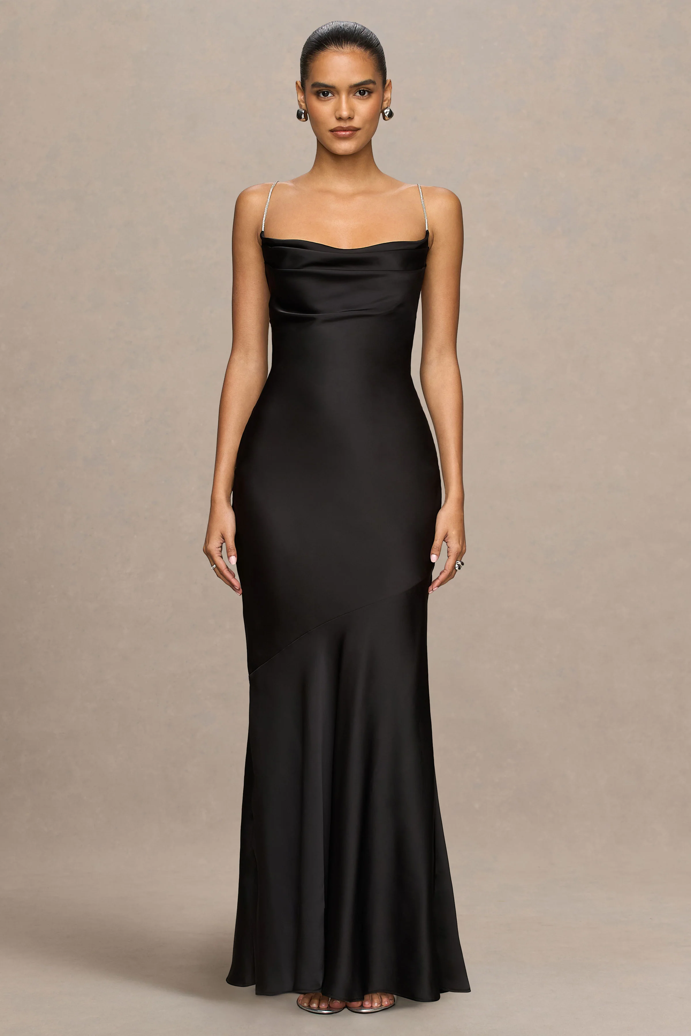 Maelia | Black Satin Cowl-Neck Maxi Dress With Diamante Straps - Image 2