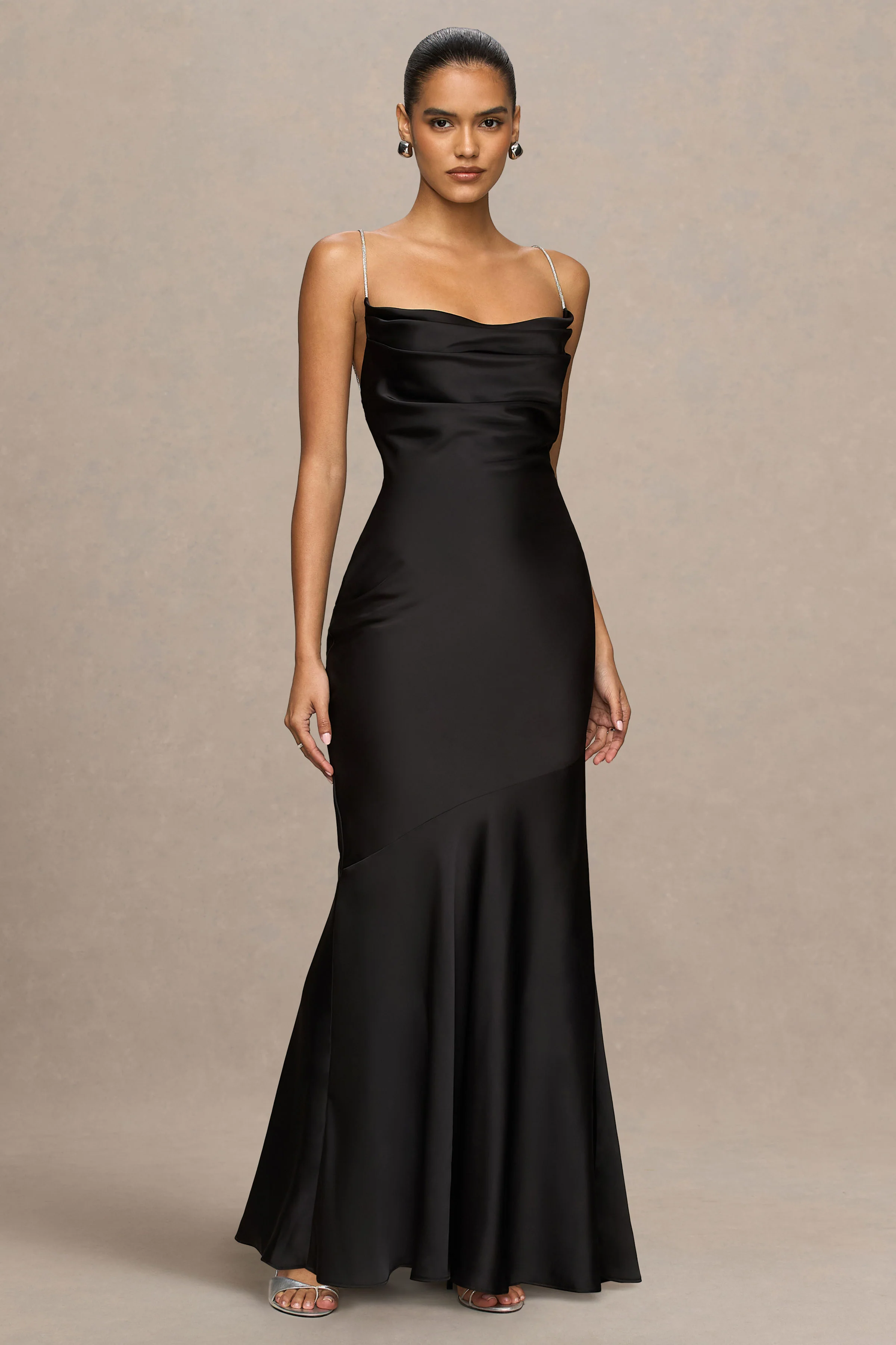 Maelia | Black Satin Cowl-Neck Maxi Dress With Diamante Straps - Image 4