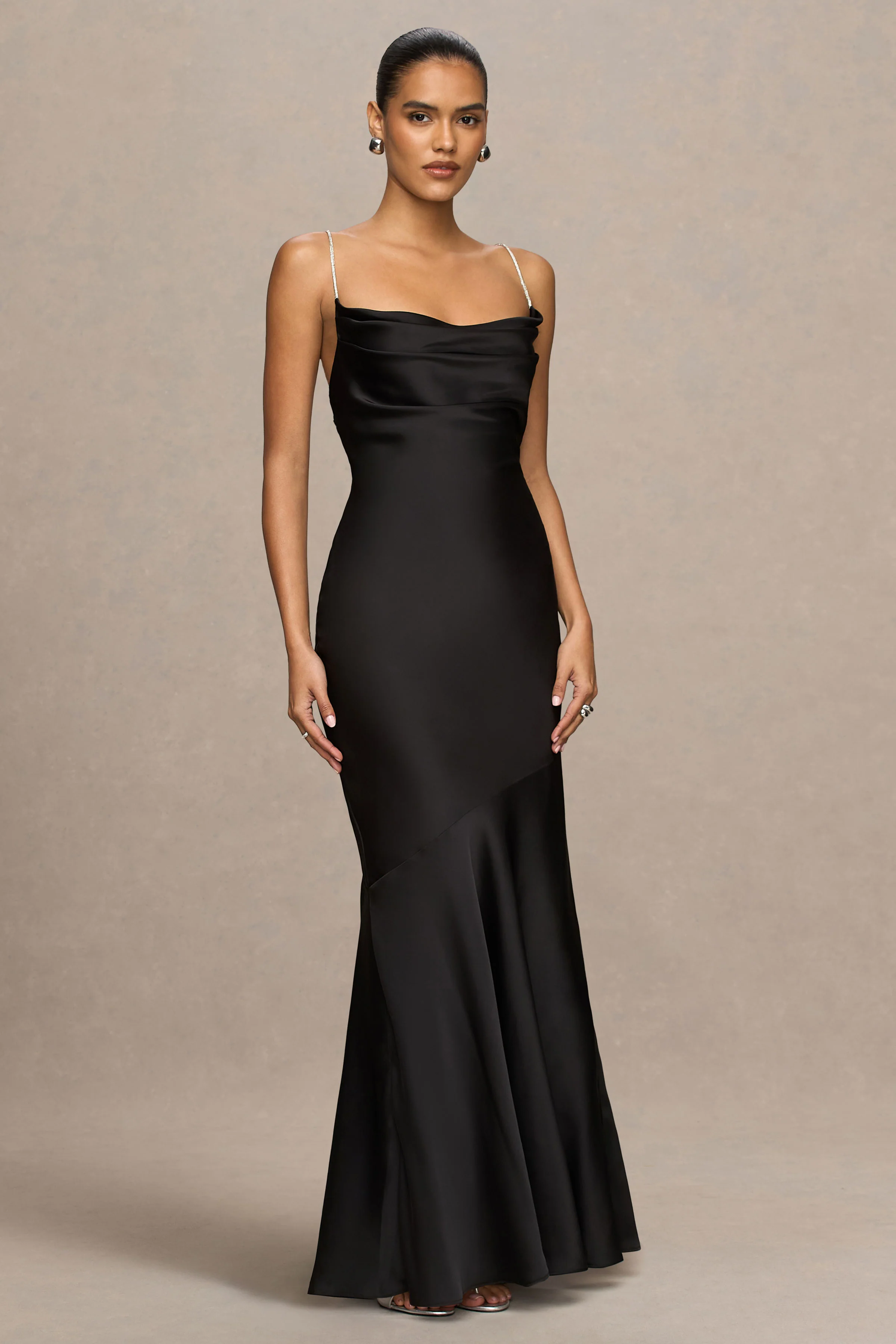 Maelia | Black Satin Cowl-Neck Maxi Dress With Diamante Straps - Image 5