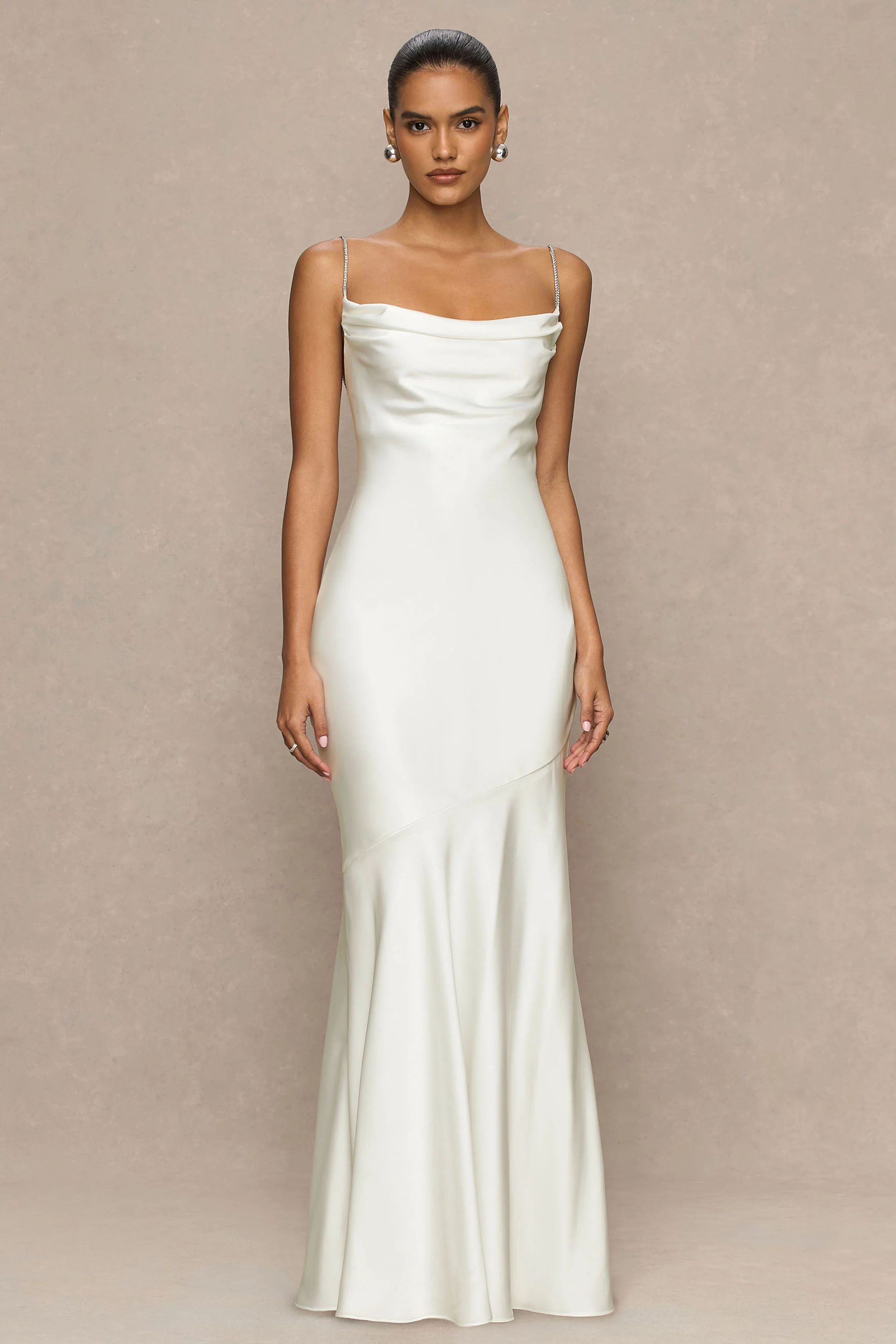 Maelia | Cream Satin Cowl-Neck Maxi Dress With Diamante Straps - Image 3