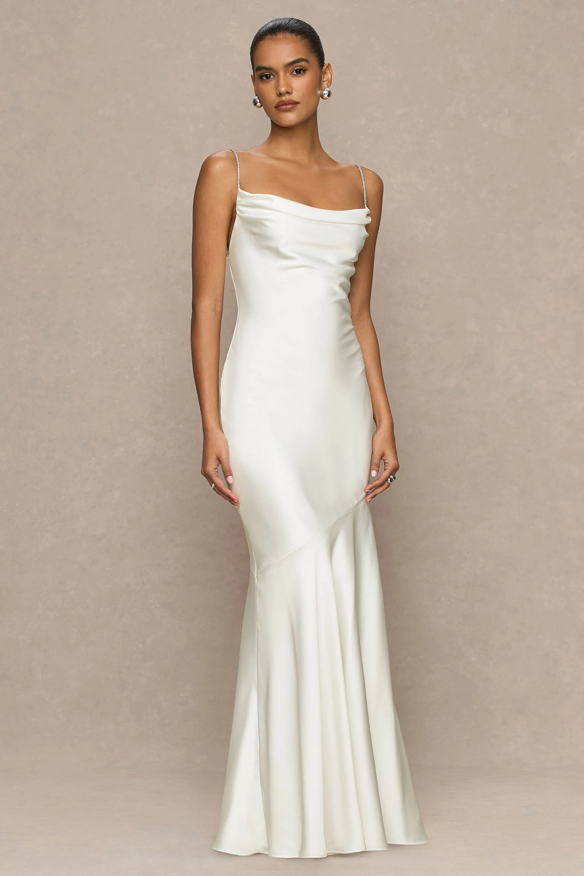 Maelia | Cream Satin Cowl-Neck Maxi Dress With Diamante Straps - Image 5