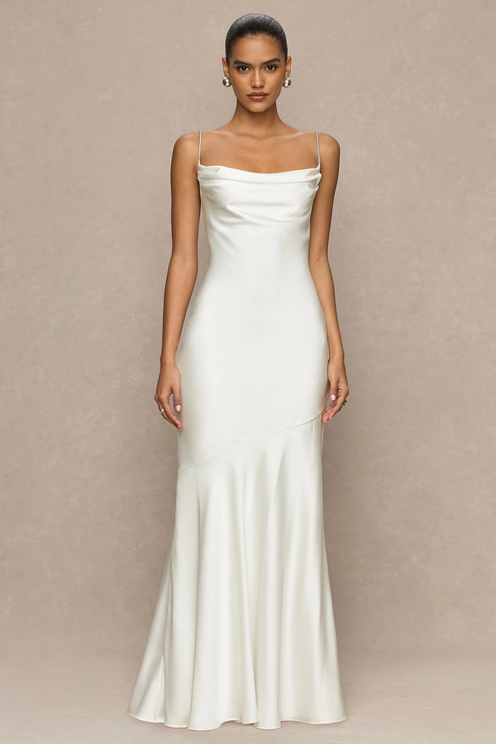 Maelia | Cream Satin Cowl-Neck Maxi Dress With Diamante Straps - Image 6