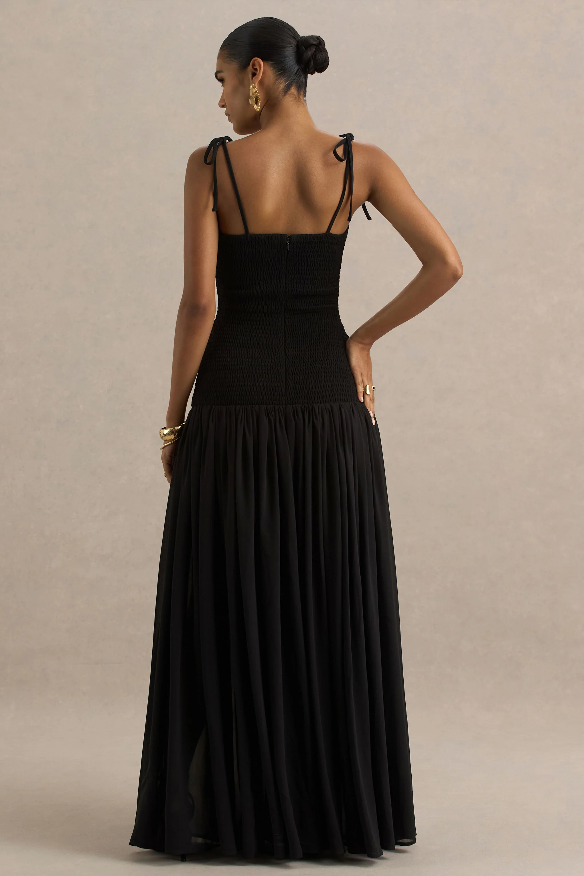 Maeva | Black Square-Neck Fishtail Maxi Dress With Ruched Detailing - Image 3